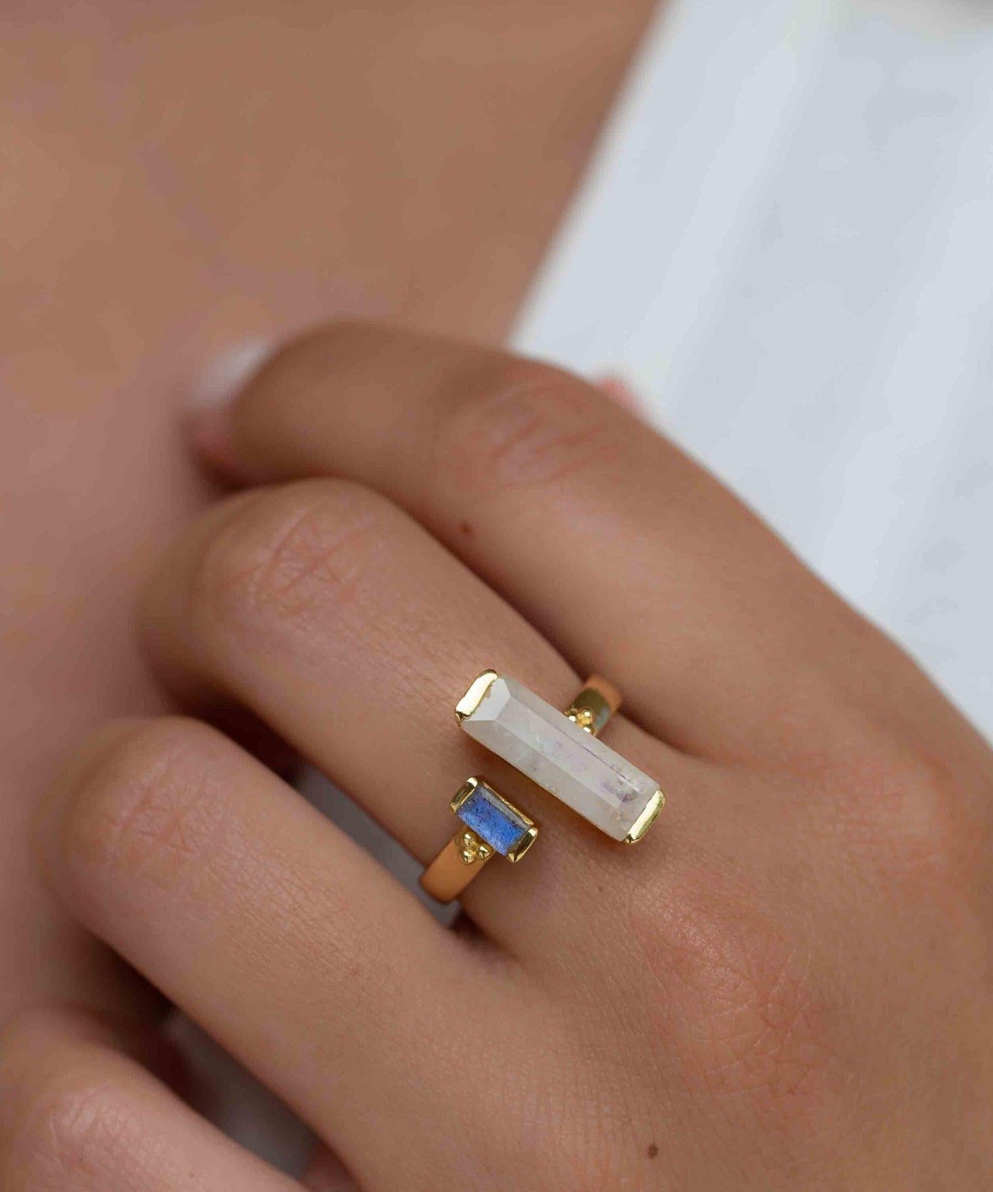 Moonstone & Labradorite Ring ~ Rectangular Stone ~ 18k Gold Plated ~ Jewelry ~ Handmade  ~ Boho ~ MR316