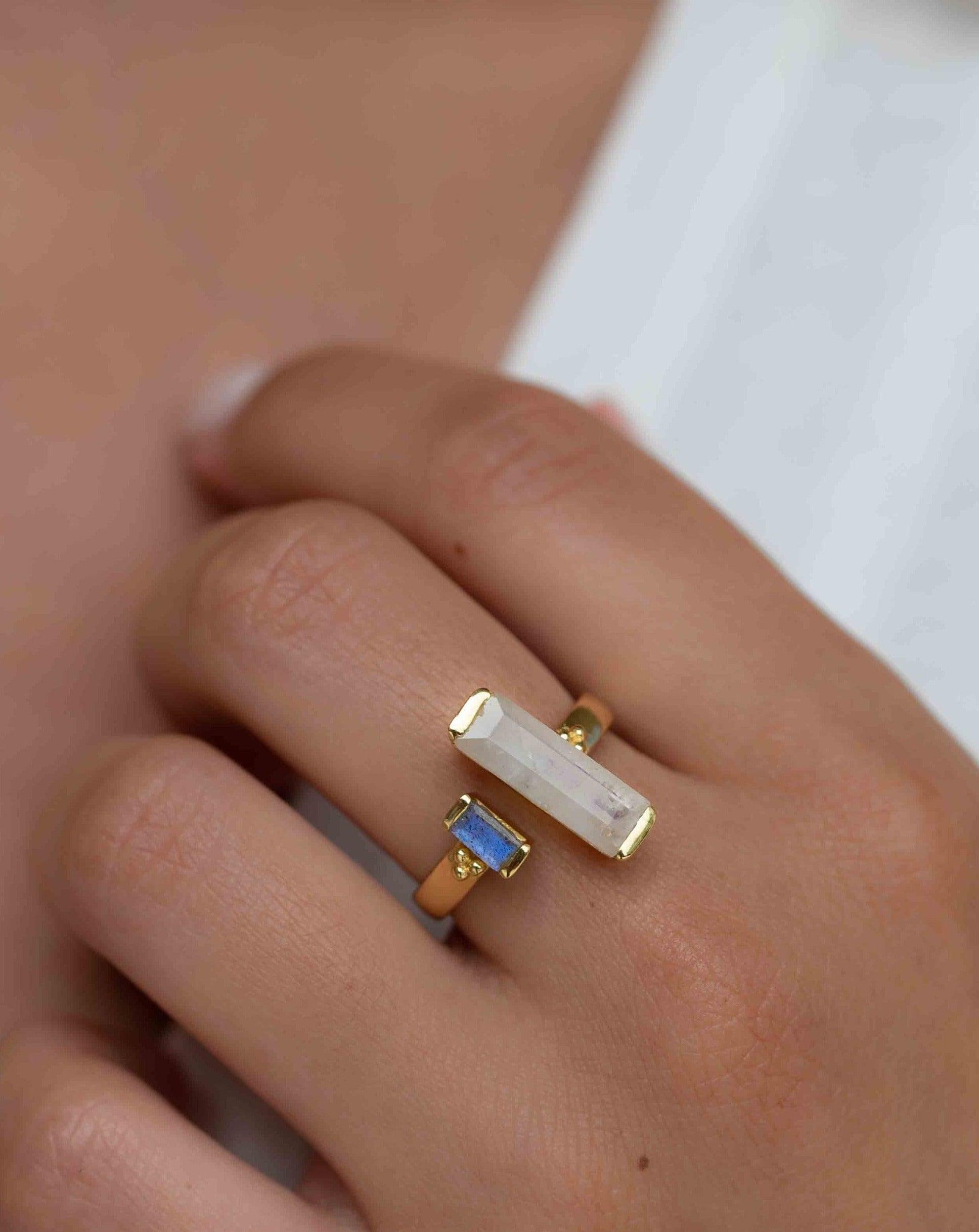 Moonstone & Labradorite Ring ~ Rectangular Stone ~ 18k Gold Plated ~ Jewelry ~ Handmade  ~ Boho ~ MR316