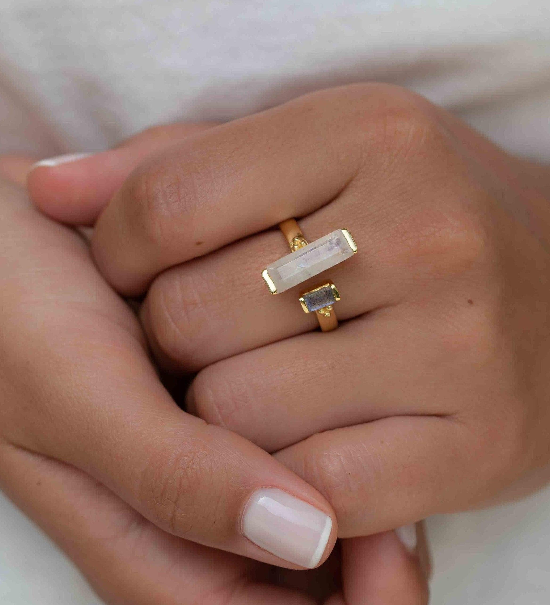 Moonstone & Labradorite Ring ~ Rectangular Stone ~ 18k Gold Plated ~ Jewelry ~ Handmade  ~ Boho ~ MR316