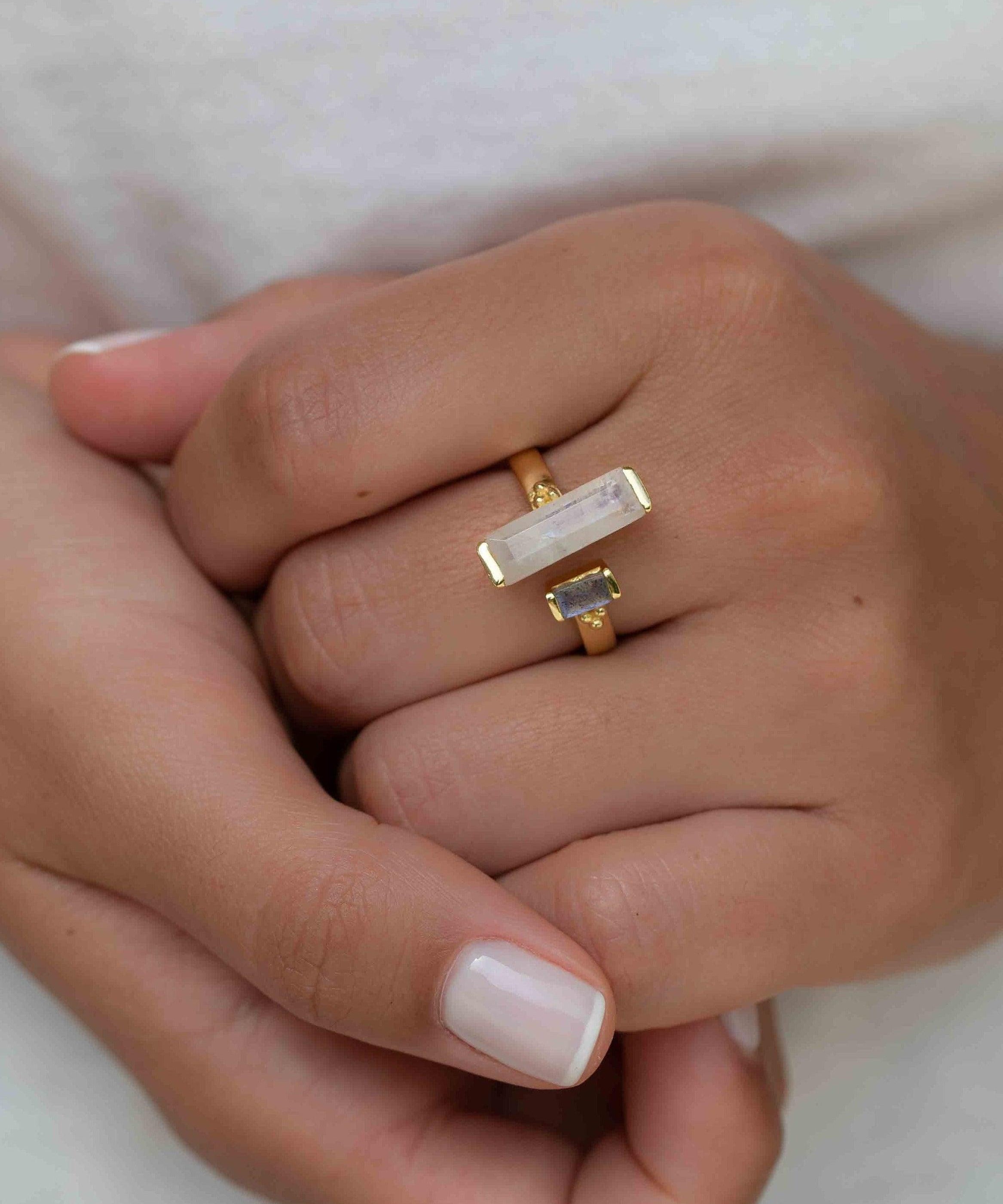 Moonstone & Labradorite Ring ~ Rectangular Stone ~ 18k Gold Plated ~ Jewelry ~ Handmade  ~ Boho ~ MR316