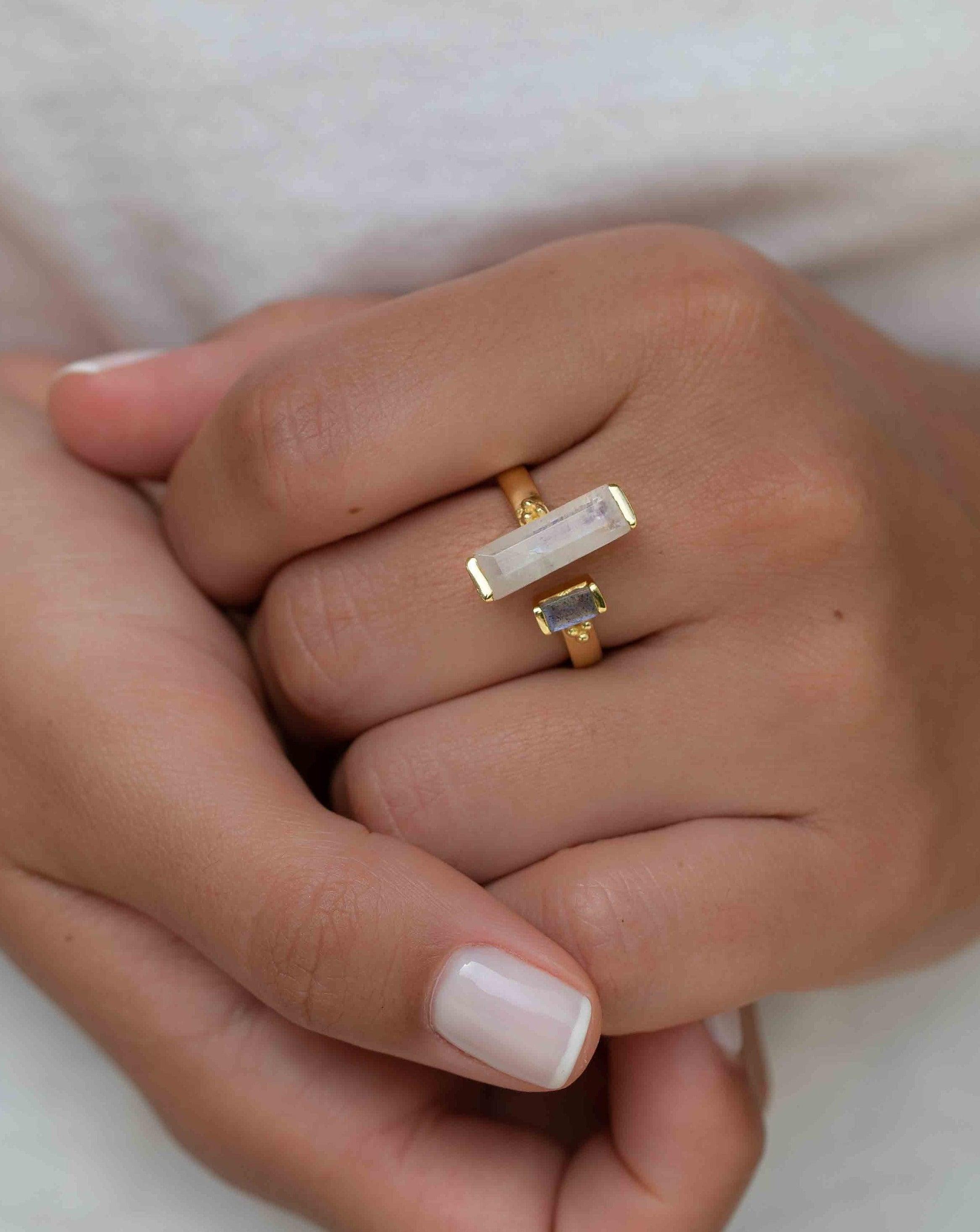 Moonstone & Labradorite Ring ~ Rectangular Stone ~ 18k Gold Plated ~ Jewelry ~ Handmade  ~ Boho ~ MR316