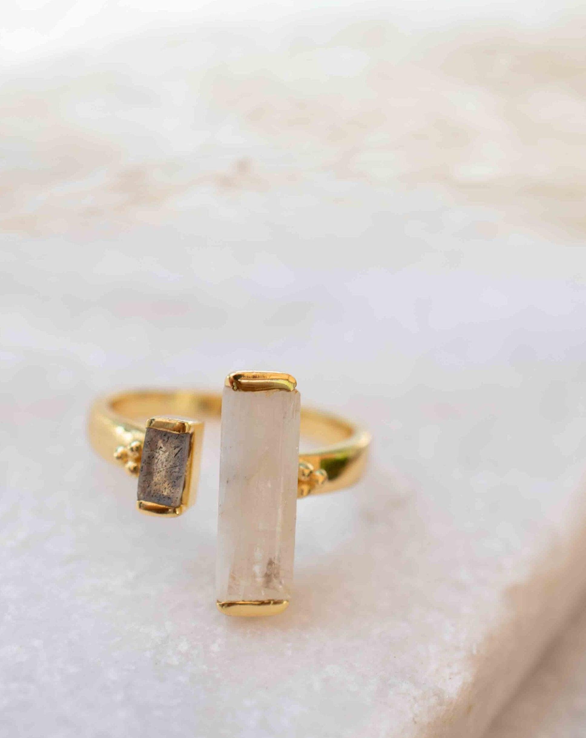 Moonstone & Labradorite Ring ~ Rectangular Stone ~ 18k Gold Plated ~ Jewelry ~ Handmade  ~ Boho ~ MR316