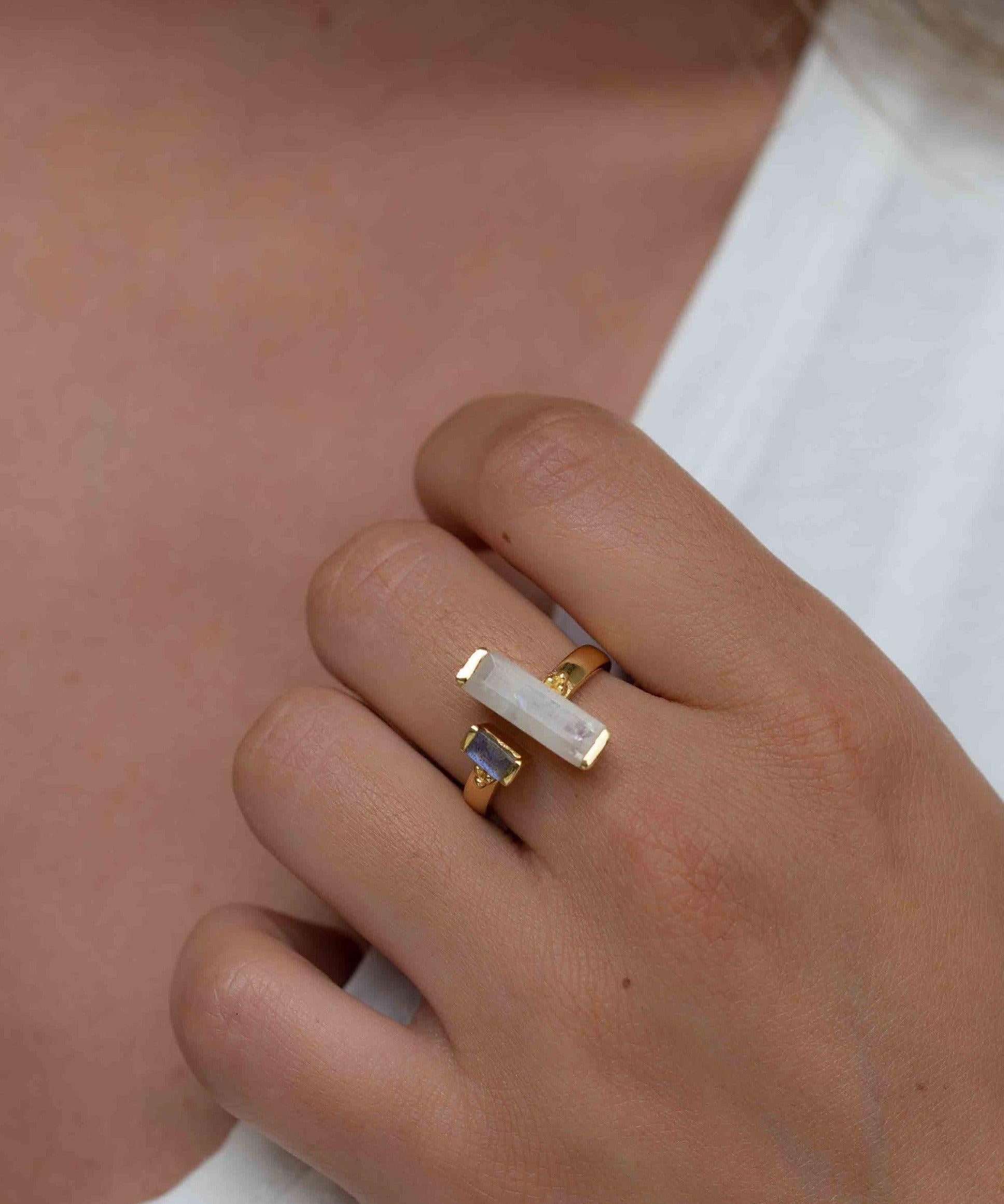 Moonstone & Labradorite Ring ~ Rectangular Stone ~ 18k Gold Plated ~ Jewelry ~ Handmade  ~ Boho ~ MR316