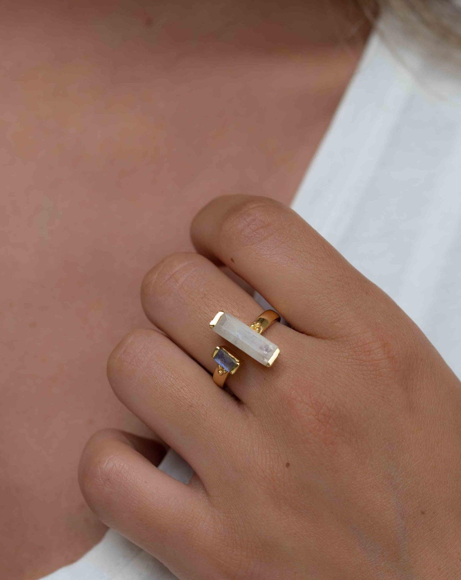 Moonstone & Labradorite Ring ~ Rectangular Stone ~ 18k Gold Plated ~ Jewelry ~ Handmade  ~ Boho ~ MR316