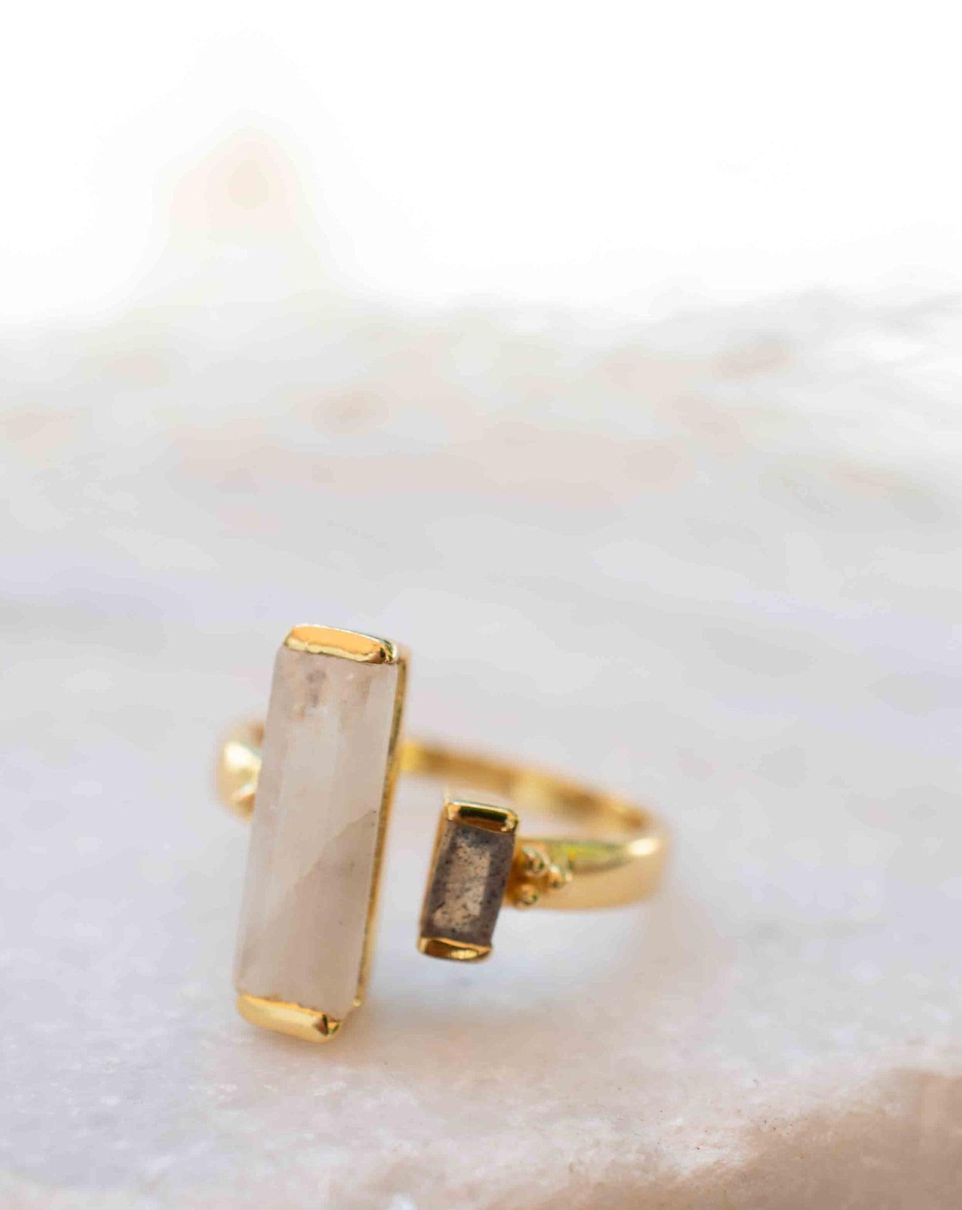 Moonstone & Labradorite Ring ~ Rectangular Stone ~ 18k Gold Plated ~ Jewelry ~ Handmade  ~ Boho ~ MR316