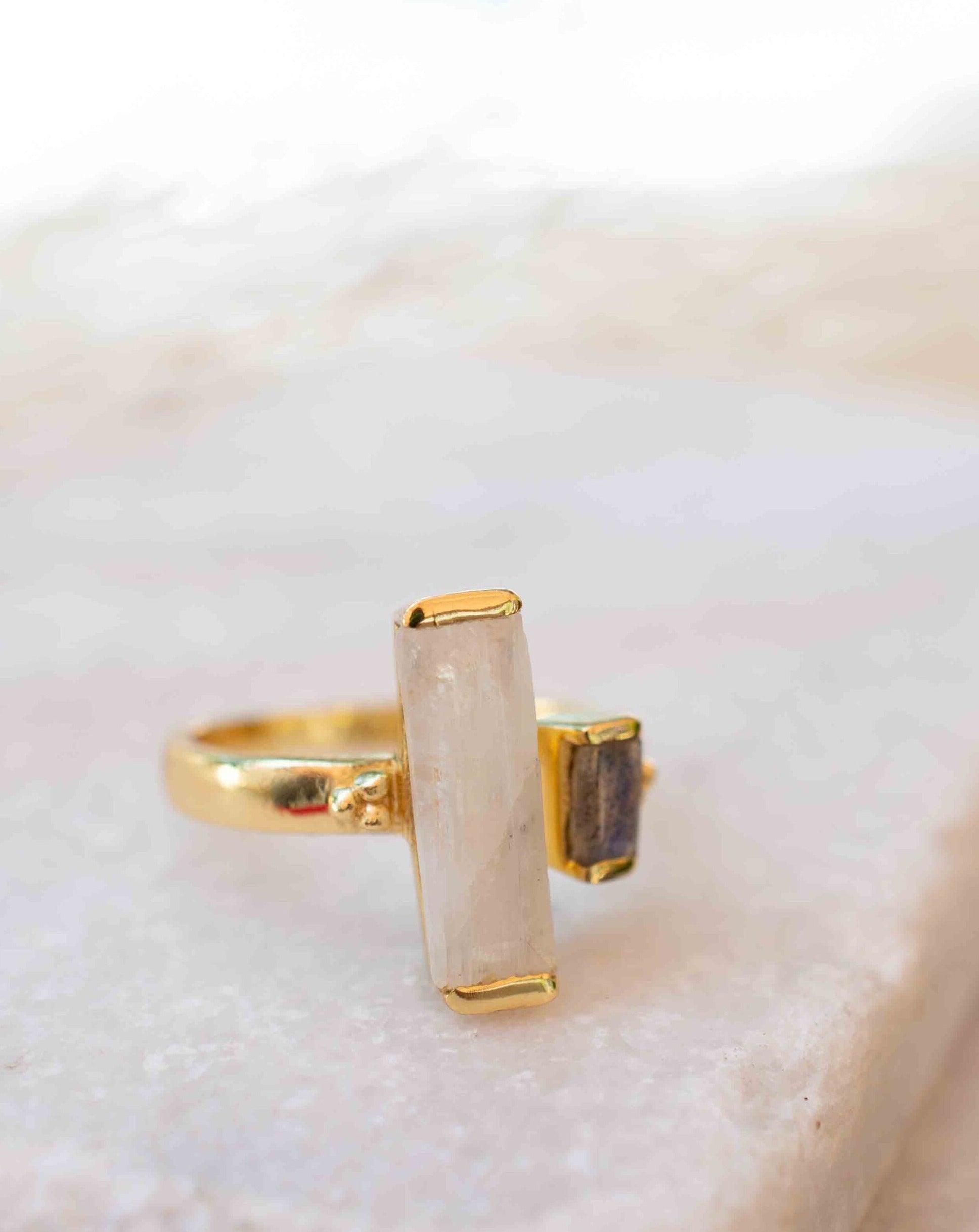 Moonstone & Labradorite Ring ~ Rectangular Stone ~ 18k Gold Plated ~ Jewelry ~ Handmade  ~ Boho ~ MR316