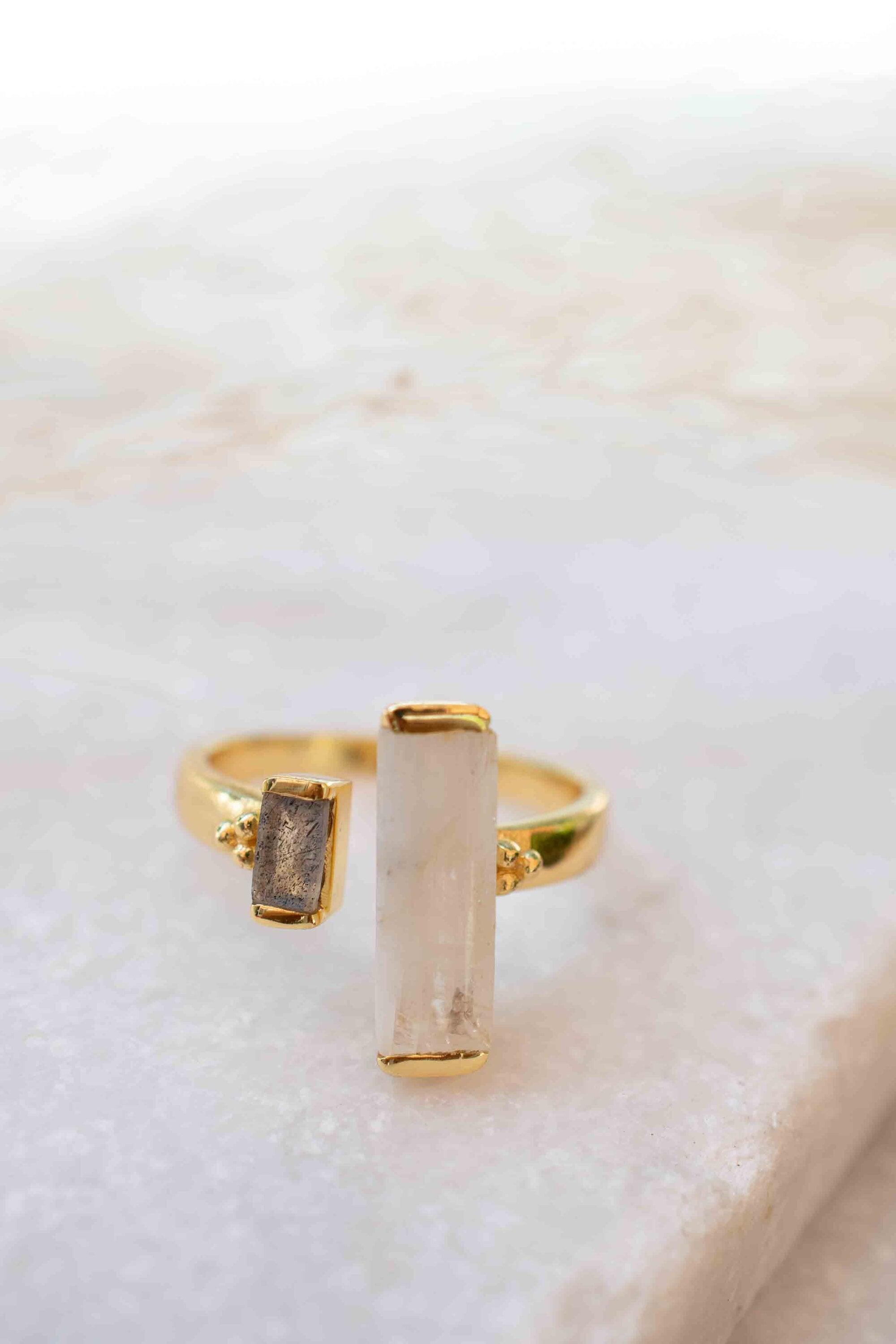 Moonstone & Labradorite Ring ~ Rectangular Stone ~ 18k Gold Plated ~ Jewelry ~ Handmade  ~ Boho ~ MR316