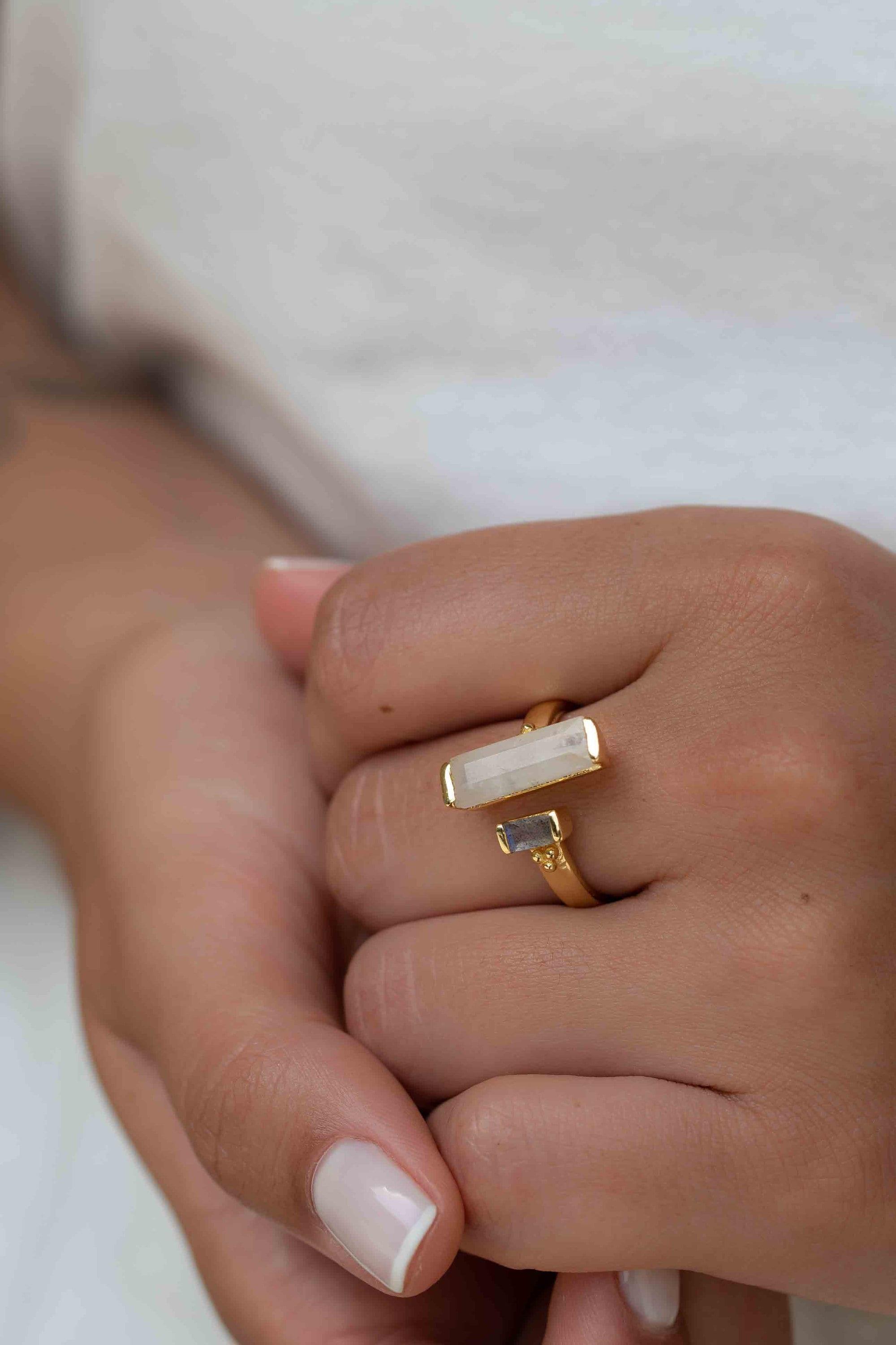 Moonstone & Labradorite Ring ~ Rectangular Stone ~ 18k Gold Plated ~ Jewelry ~ Handmade  ~ Boho ~ MR316