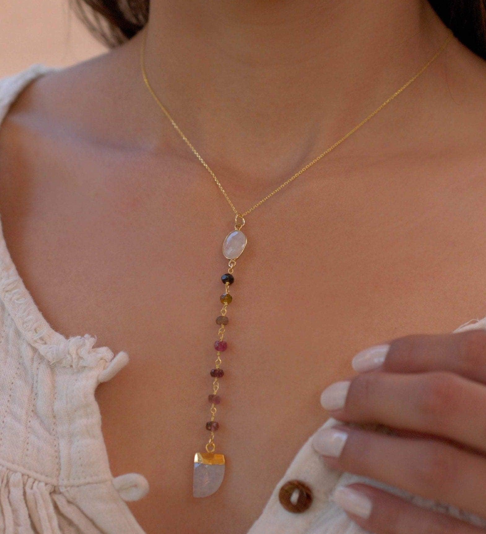 Moonstone & Tourmaline Y Necklace ~ Gold Vermeil ~ MN048 - Maresia Jewelry