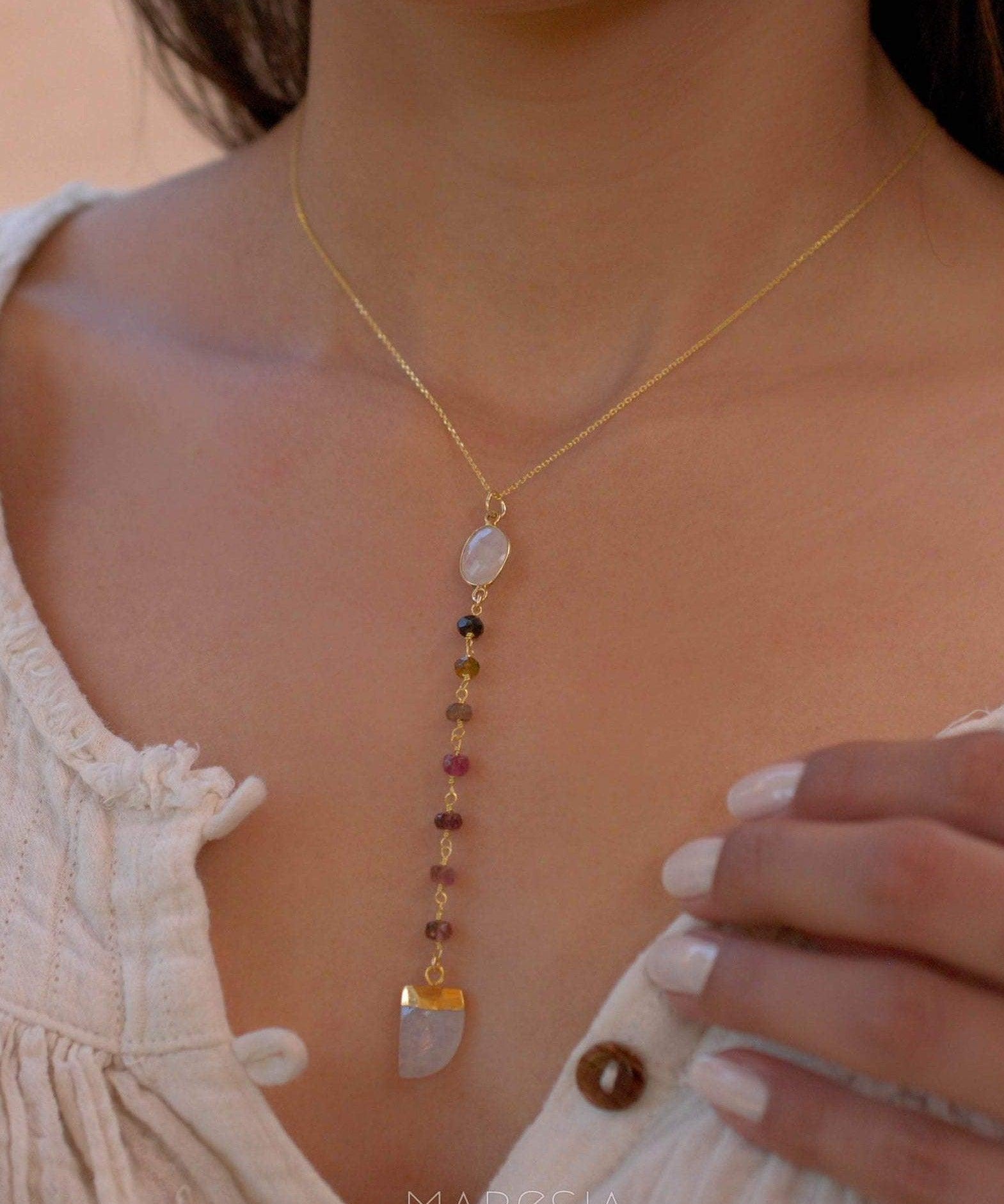 Moonstone & Tourmaline Y Necklace ~ Gold Vermeil ~ MN048 - Maresia Jewelry