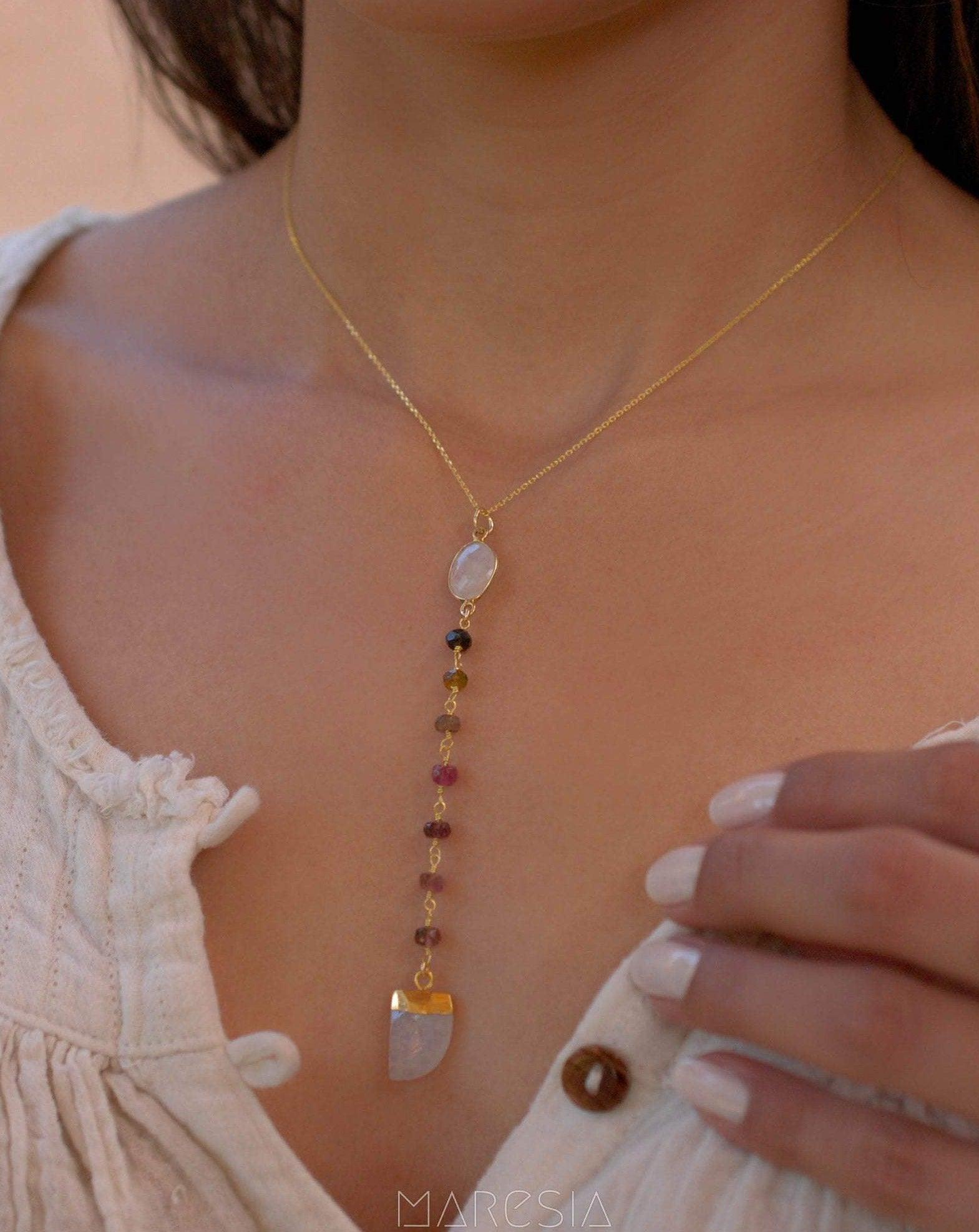 Moonstone & Tourmaline Y Necklace ~ Gold Vermeil ~ MN048 - Maresia Jewelry