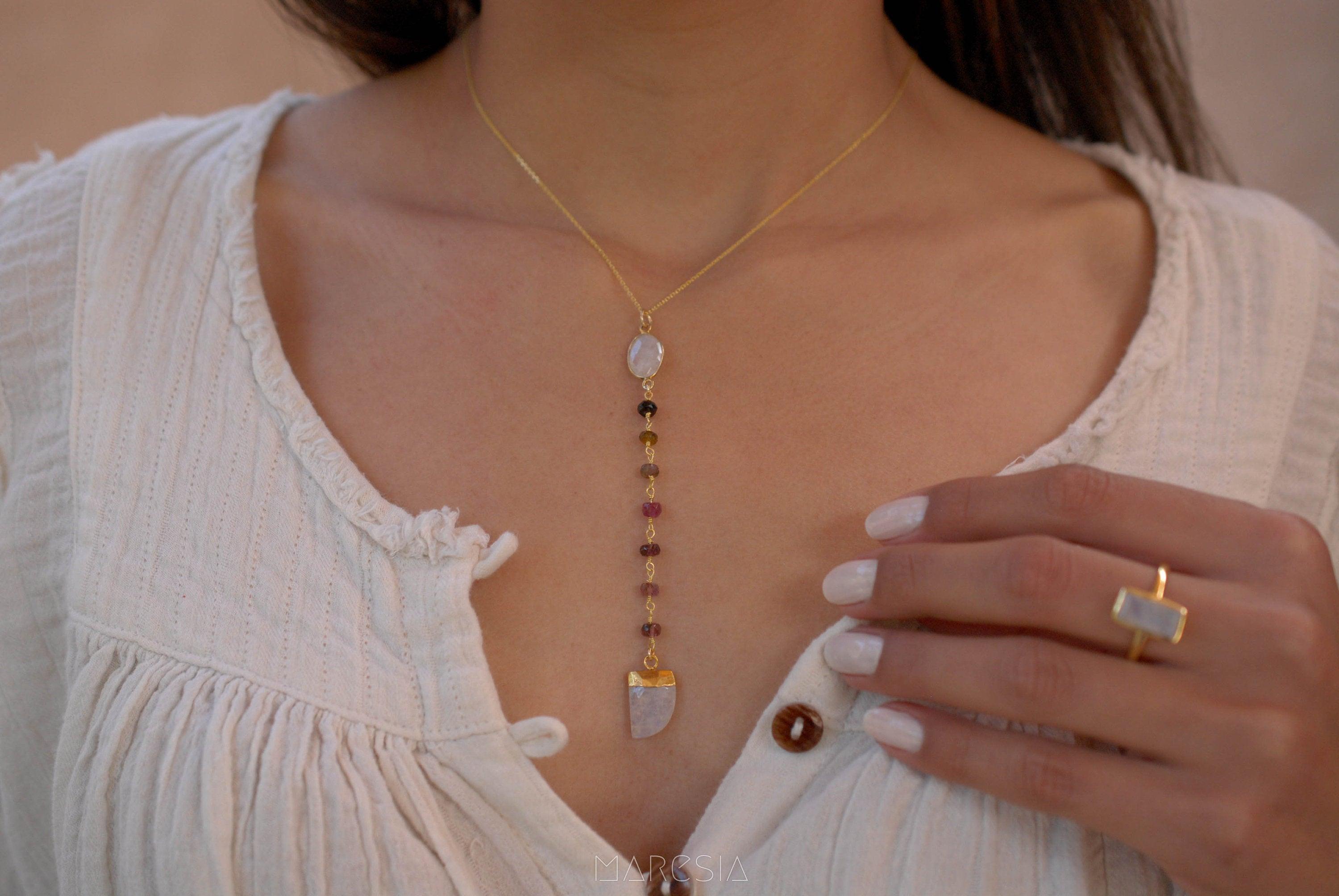 Moonstone & Tourmaline Y Necklace ~ Gold Vermeil ~ MN048 - Maresia Jewelry