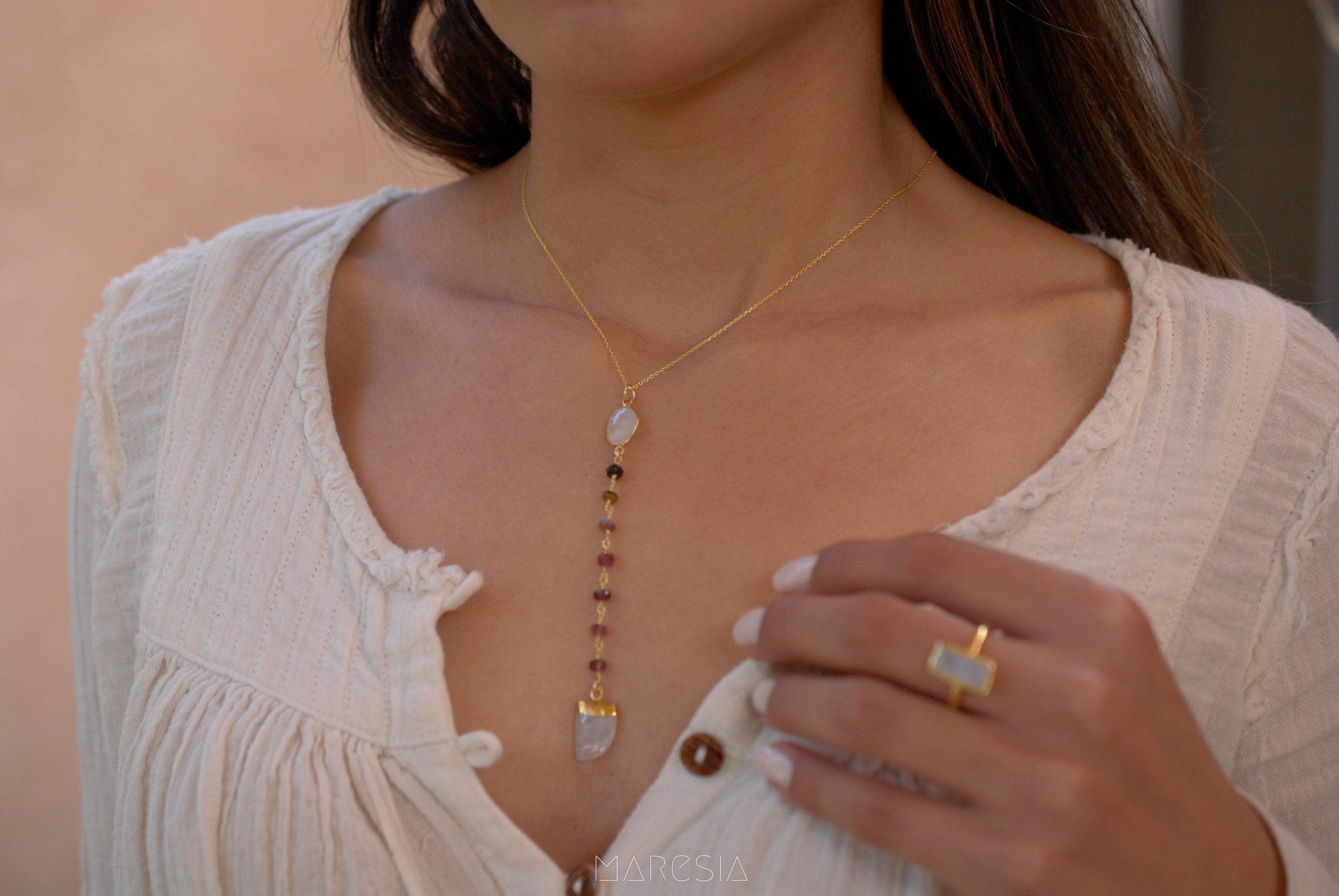 Moonstone & Tourmaline Y Necklace ~ Gold Vermeil ~ MN048 - Maresia Jewelry