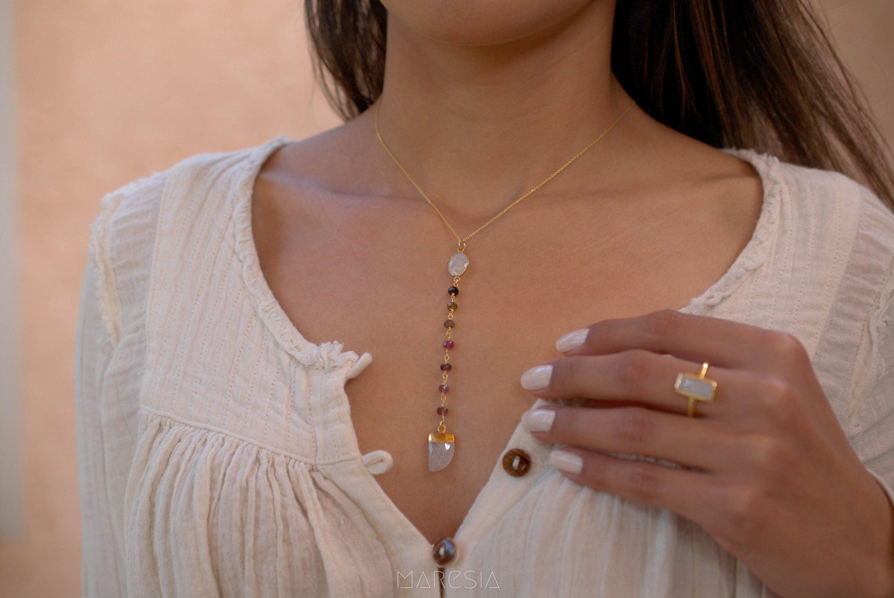 Moonstone & Tourmaline Y Necklace ~ Gold Vermeil ~ MN048 - Maresia Jewelry