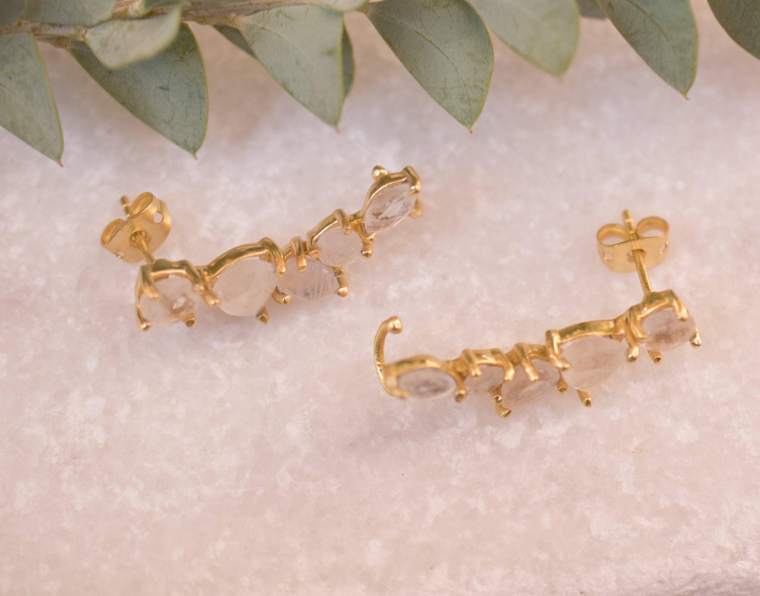 Moonstone Ear Climber Earrings ~ 18k Gold Plated ~ ME062 - Maresia Jewelry