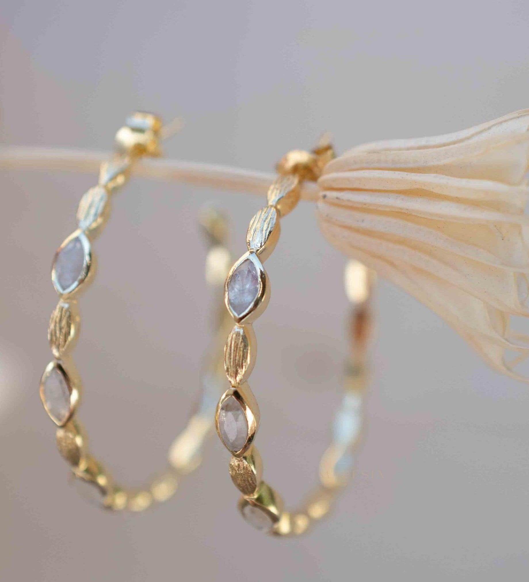 Moonstone Hoop Earrings 18k Gold Plated Earrings ~ Gemstone ~ Post ~Boho design ~ Handmade ~ Jewelry ~ Gift for her ~ ME208