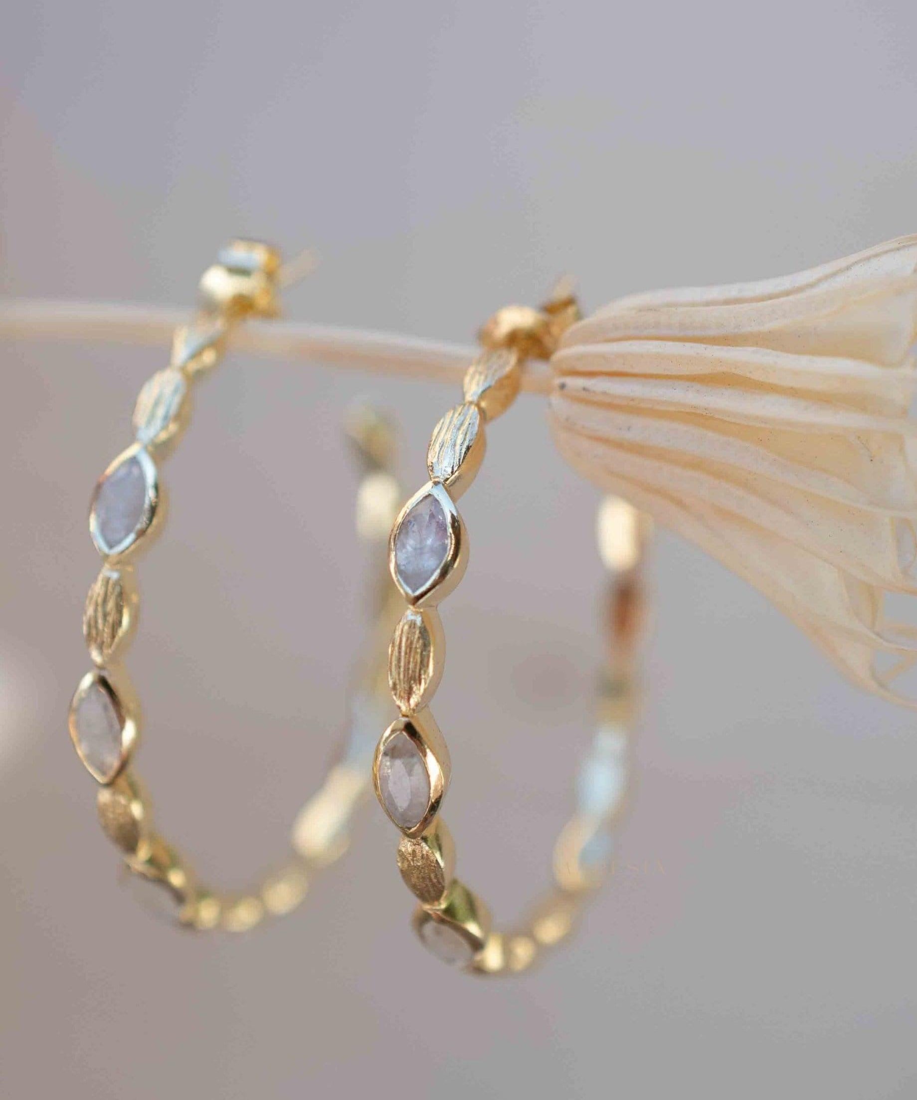 Moonstone Hoop Earrings 18k Gold Plated Earrings ~ Gemstone ~ Post ~Boho design ~ Handmade ~ Jewelry ~ Gift for her ~ ME208