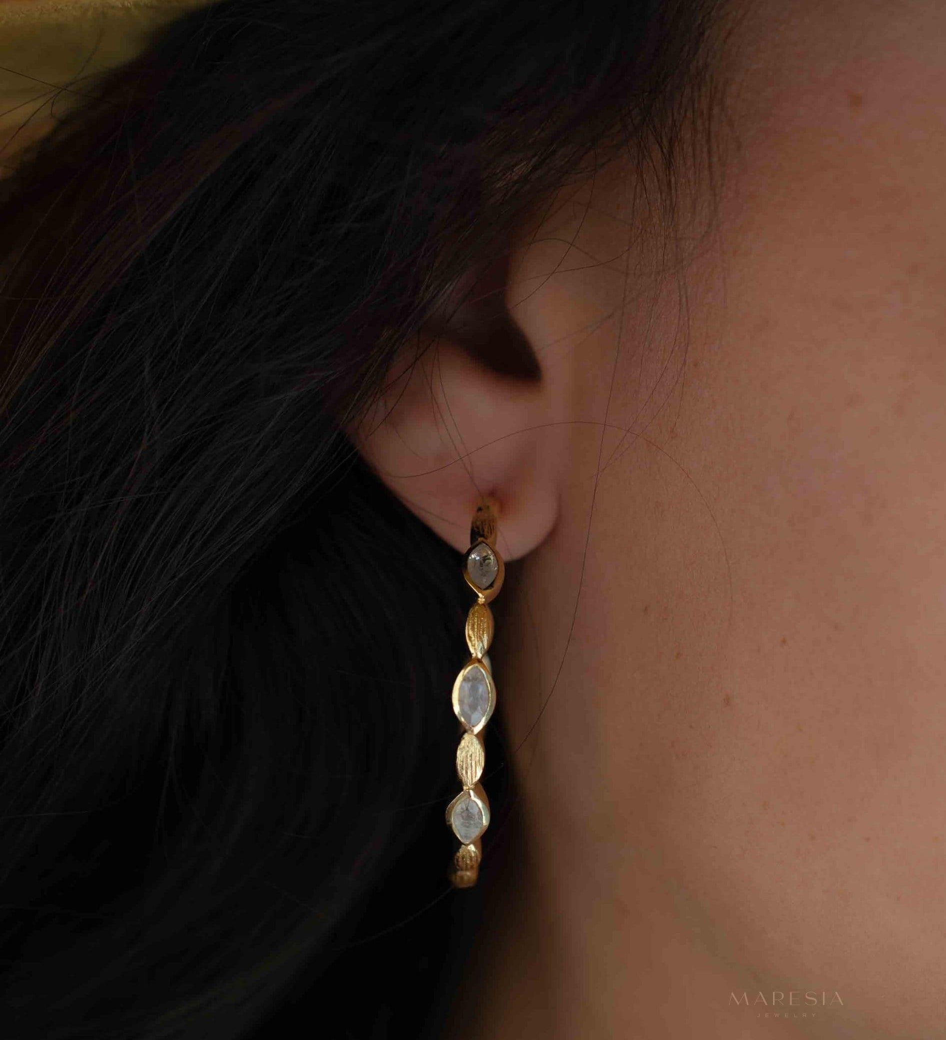 Moonstone Hoop Earrings 18k Gold Plated Earrings ~ Gemstone ~ Post ~Boho design ~ Handmade ~ Jewelry ~ Gift for her ~ ME208