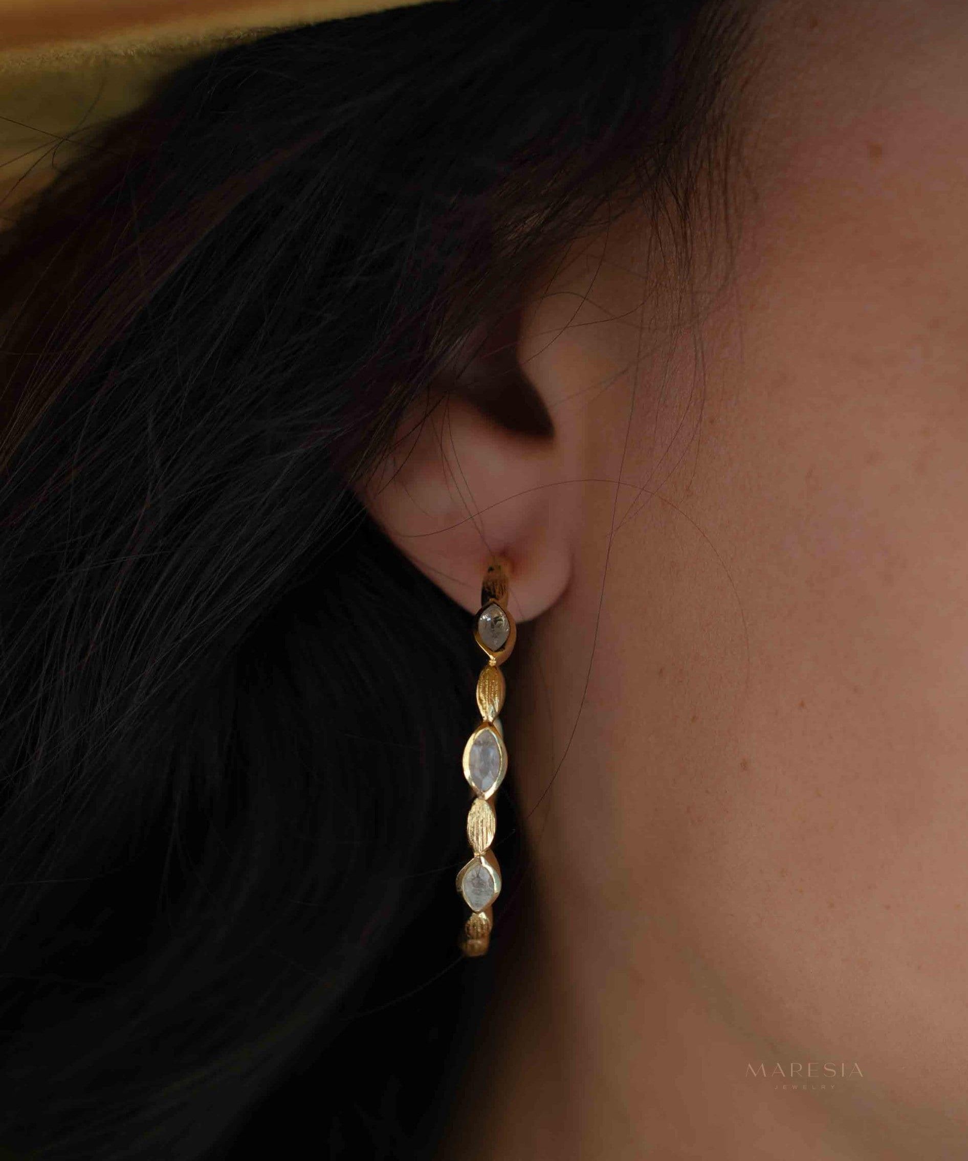 Moonstone Hoop Earrings 18k Gold Plated Earrings ~ Gemstone ~ Post ~Boho design ~ Handmade ~ Jewelry ~ Gift for her ~ ME208