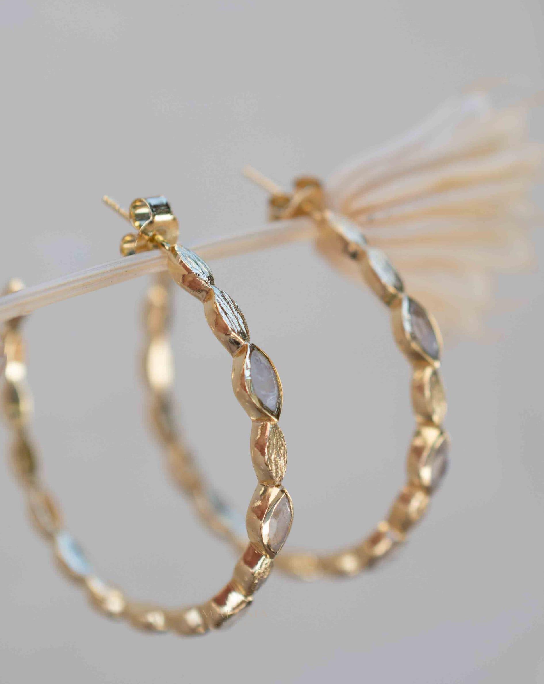 Moonstone Hoop Earrings 18k Gold Plated Earrings ~ Gemstone ~ Post ~Boho design ~ Handmade ~ Jewelry ~ Gift for her ~ ME208