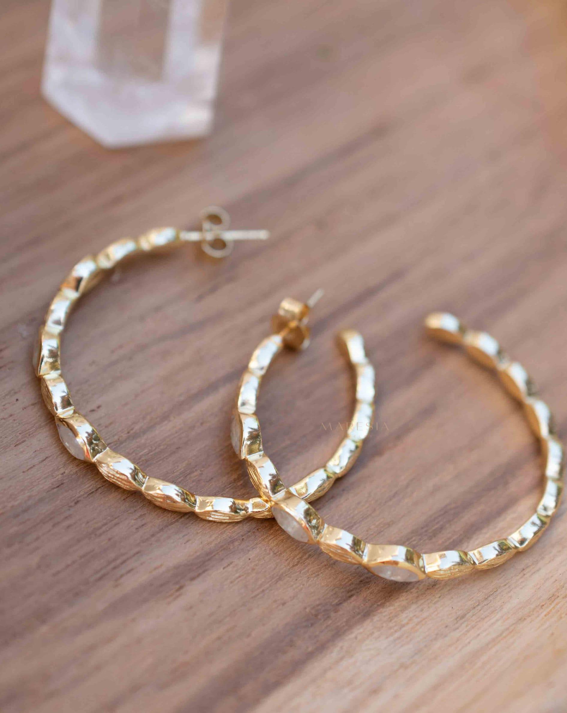 Moonstone Hoop Earrings 18k Gold Plated Earrings ~ Gemstone ~ Post ~Boho design ~ Handmade ~ Jewelry ~ Gift for her ~ ME208