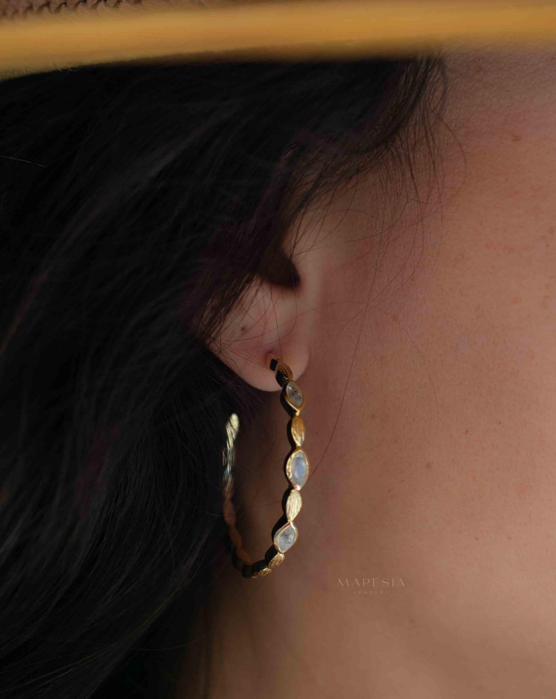 Moonstone Hoop Earrings 18k Gold Plated Earrings ~ Gemstone ~ Post ~Boho design ~ Handmade ~ Jewelry ~ Gift for her ~ ME208