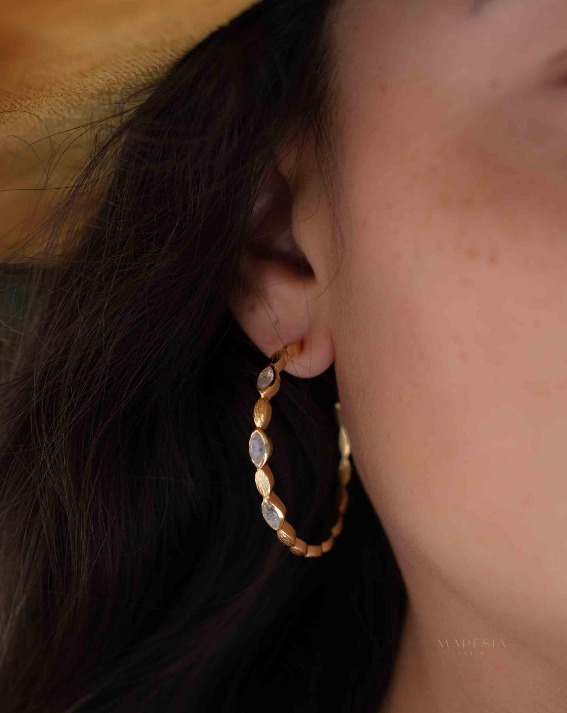 Moonstone Hoop Earrings 18k Gold Plated Earrings ~ Gemstone ~ Post ~Boho design ~ Handmade ~ Jewelry ~ Gift for her ~ ME208