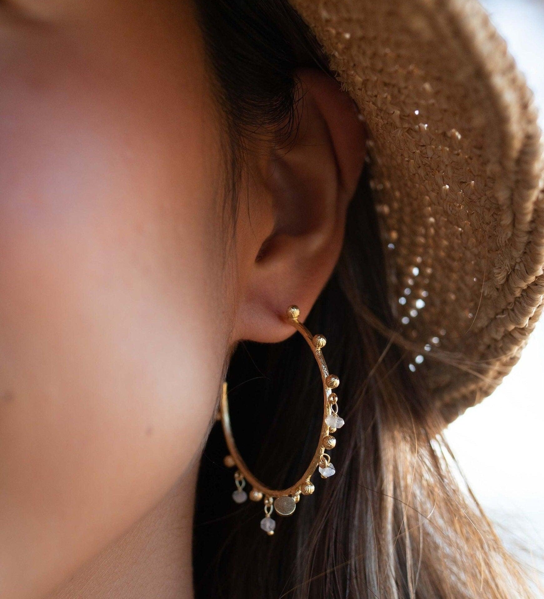 Moonstone Hoop Earrings 18k Gold Plated Earrings ~ Gemstone ~ Post ~Boho design ~ Handmade ~ Jewelry ~ Gift for her ~ ME214