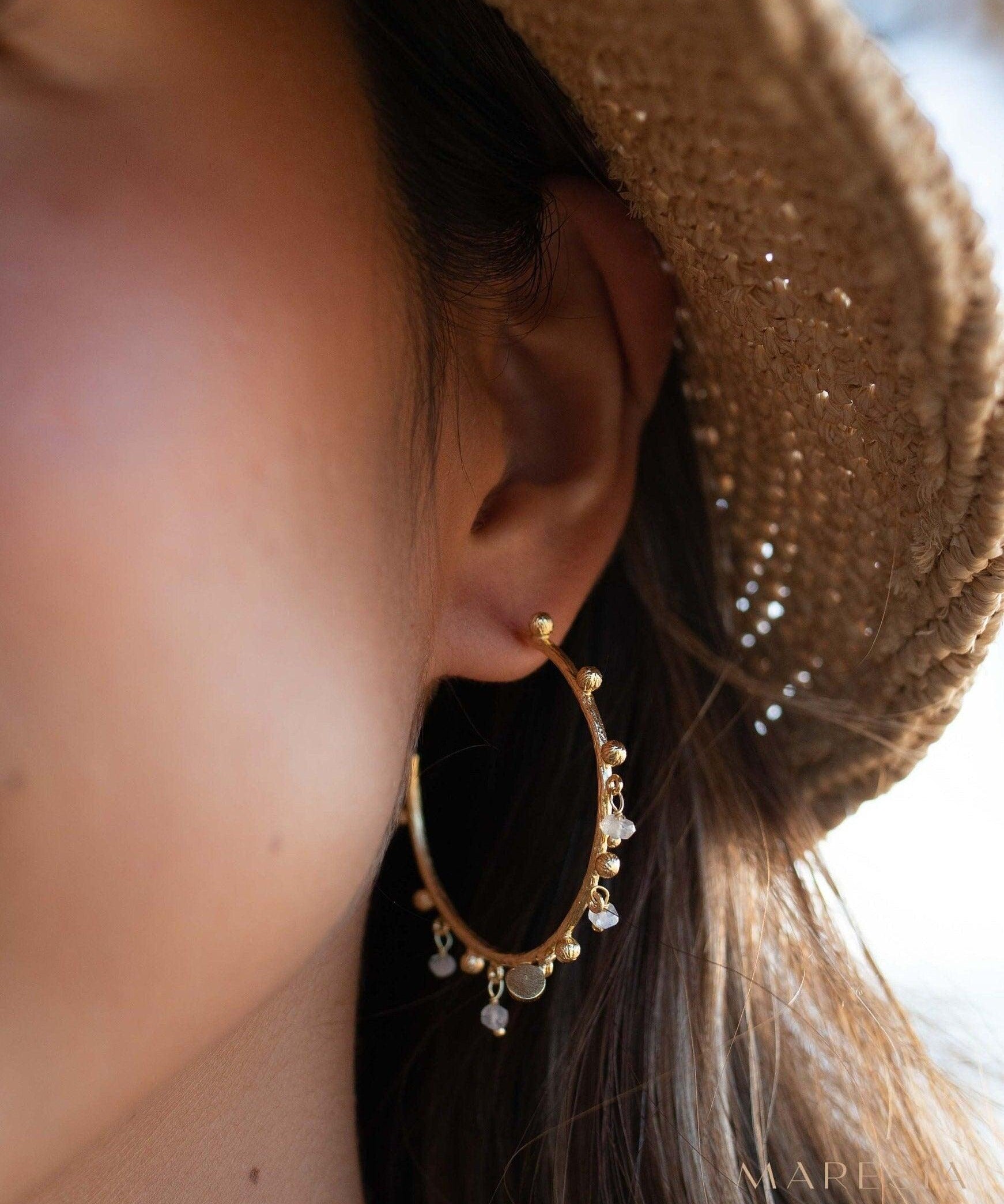 Moonstone Hoop Earrings 18k Gold Plated Earrings ~ Gemstone ~ Post ~Boho design ~ Handmade ~ Jewelry ~ Gift for her ~ ME214