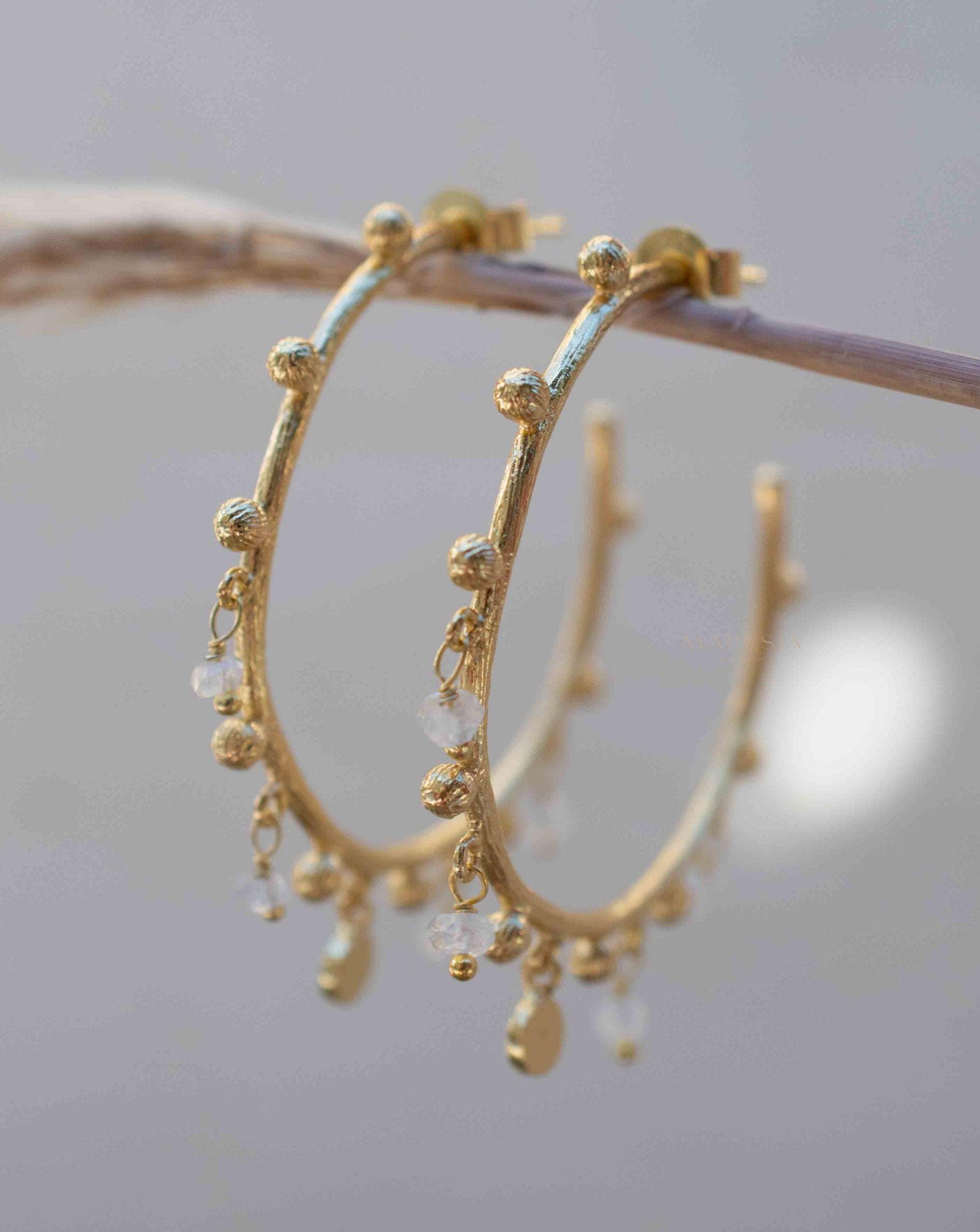 Moonstone Hoop Earrings 18k Gold Plated Earrings ~ Gemstone ~ Post ~Boho design ~ Handmade ~ Jewelry ~ Gift for her ~ ME214