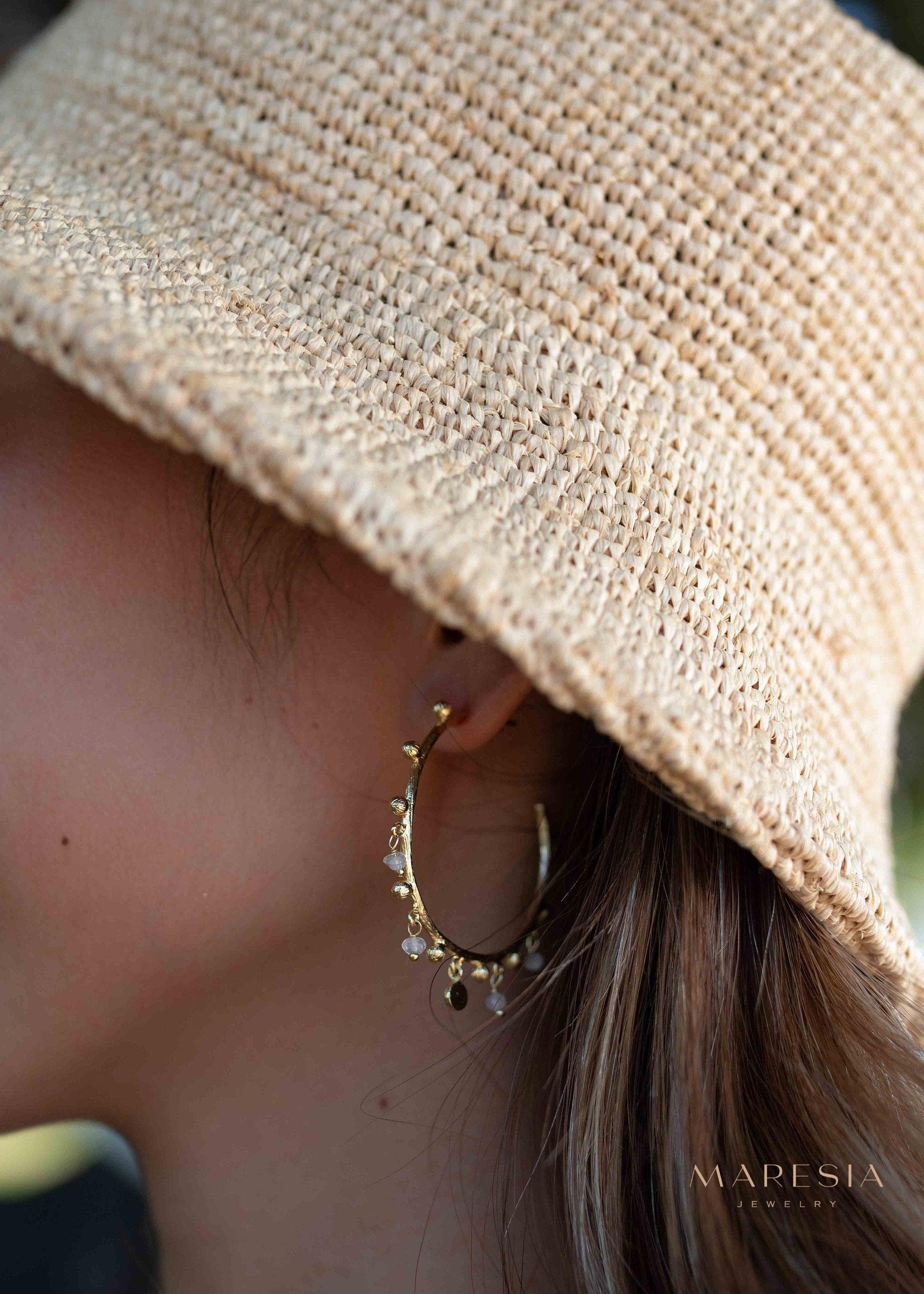 Moonstone Hoop Earrings 18k Gold Plated Earrings ~ Gemstone ~ Post ~Boho design ~ Handmade ~ Jewelry ~ Gift for her ~ ME214