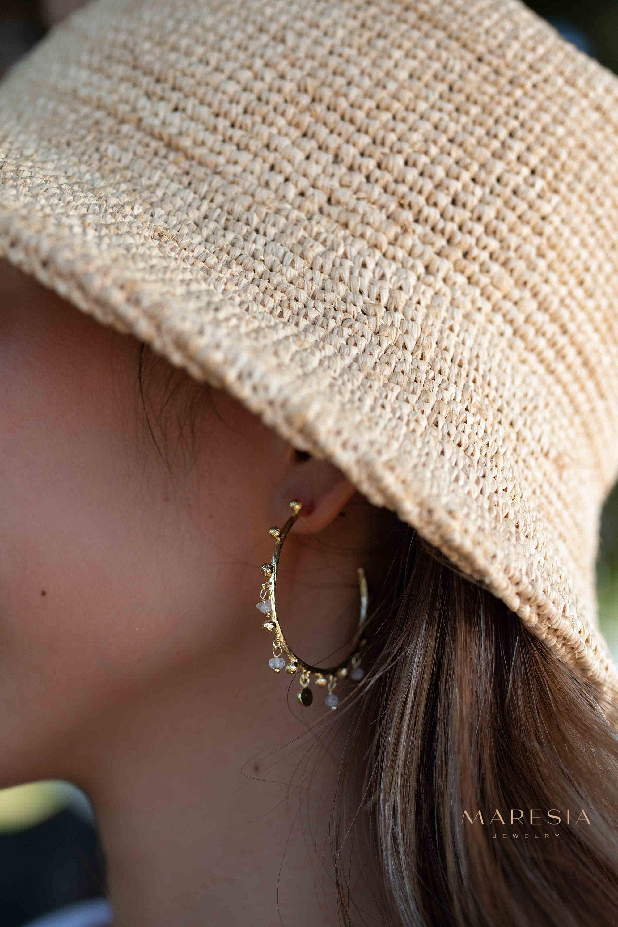 Moonstone Hoop Earrings 18k Gold Plated Earrings ~ Gemstone ~ Post ~Boho design ~ Handmade ~ Jewelry ~ Gift for her ~ ME214