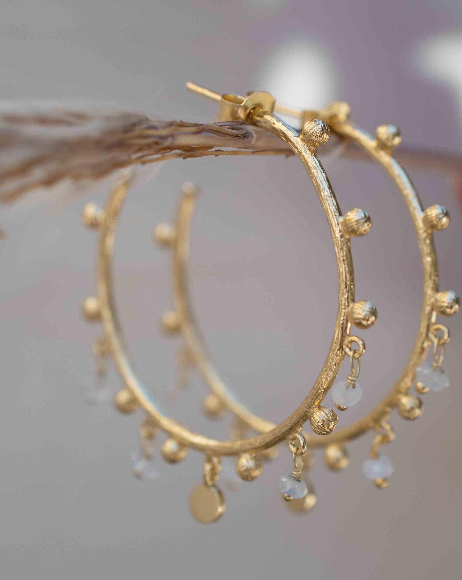 Moonstone Hoop Earrings 18k Gold Plated Earrings ~ Gemstone ~ Post ~Boho design ~ Handmade ~ Jewelry ~ Gift for her ~ ME214