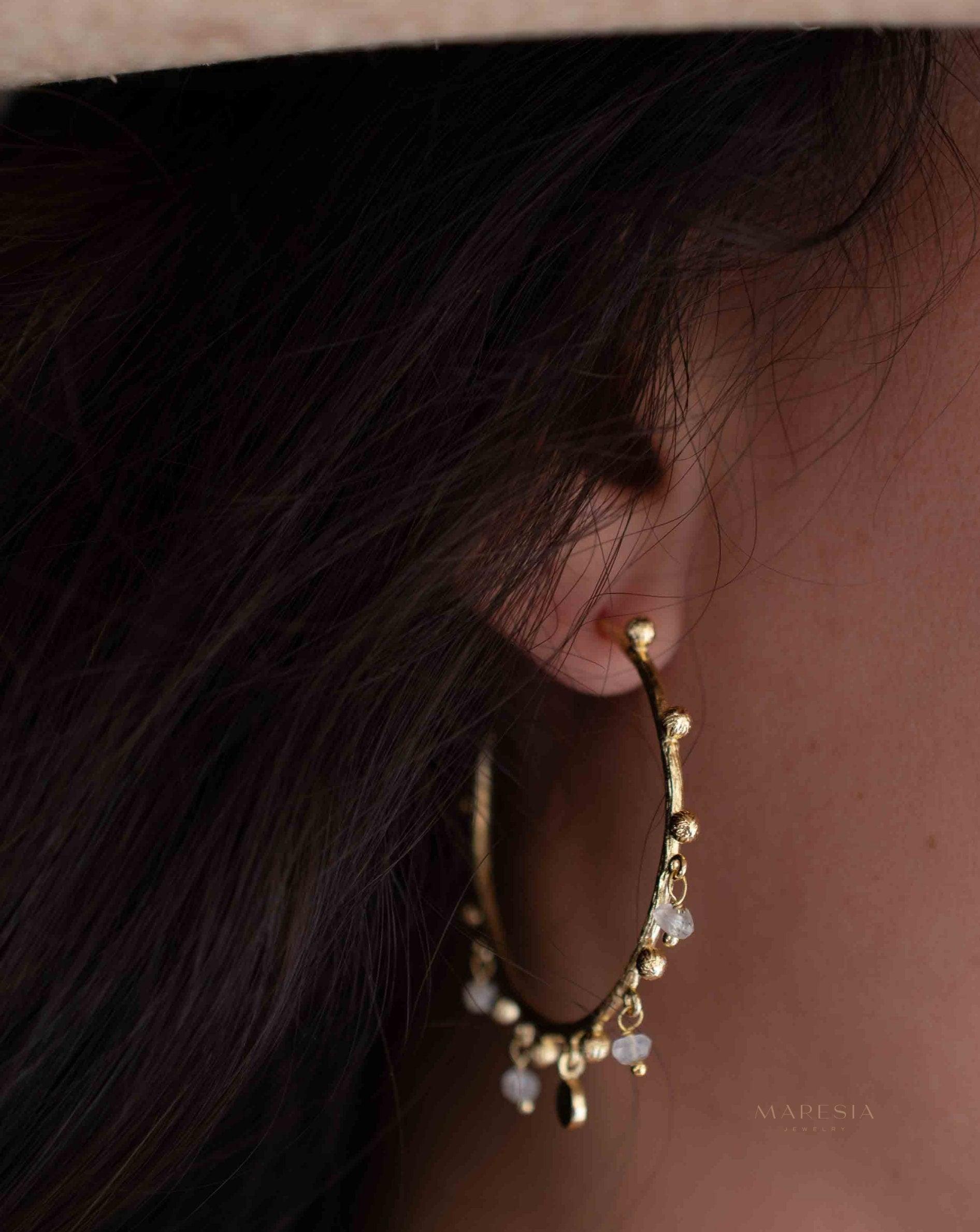Moonstone Hoop Earrings 18k Gold Plated Earrings ~ Gemstone ~ Post ~Boho design ~ Handmade ~ Jewelry ~ Gift for her ~ ME214