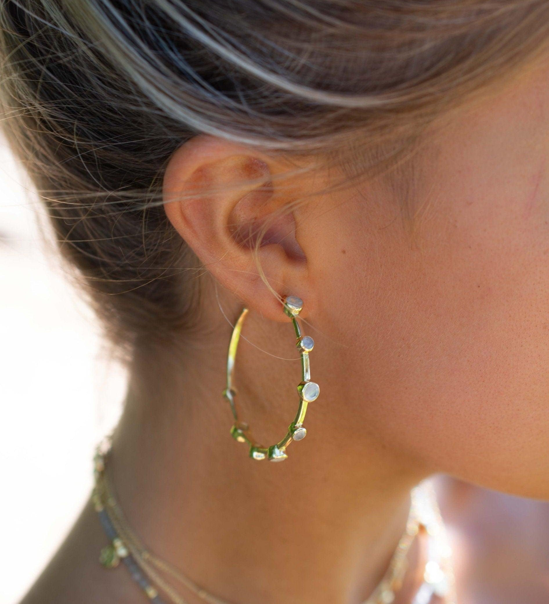 Moonstone Hoop Earrings 18k Gold Plated Earrings ~ Gemstone ~ Post ~Boho design ~ Handmade ~ Jewelry ~ Gift for her ~ ME216