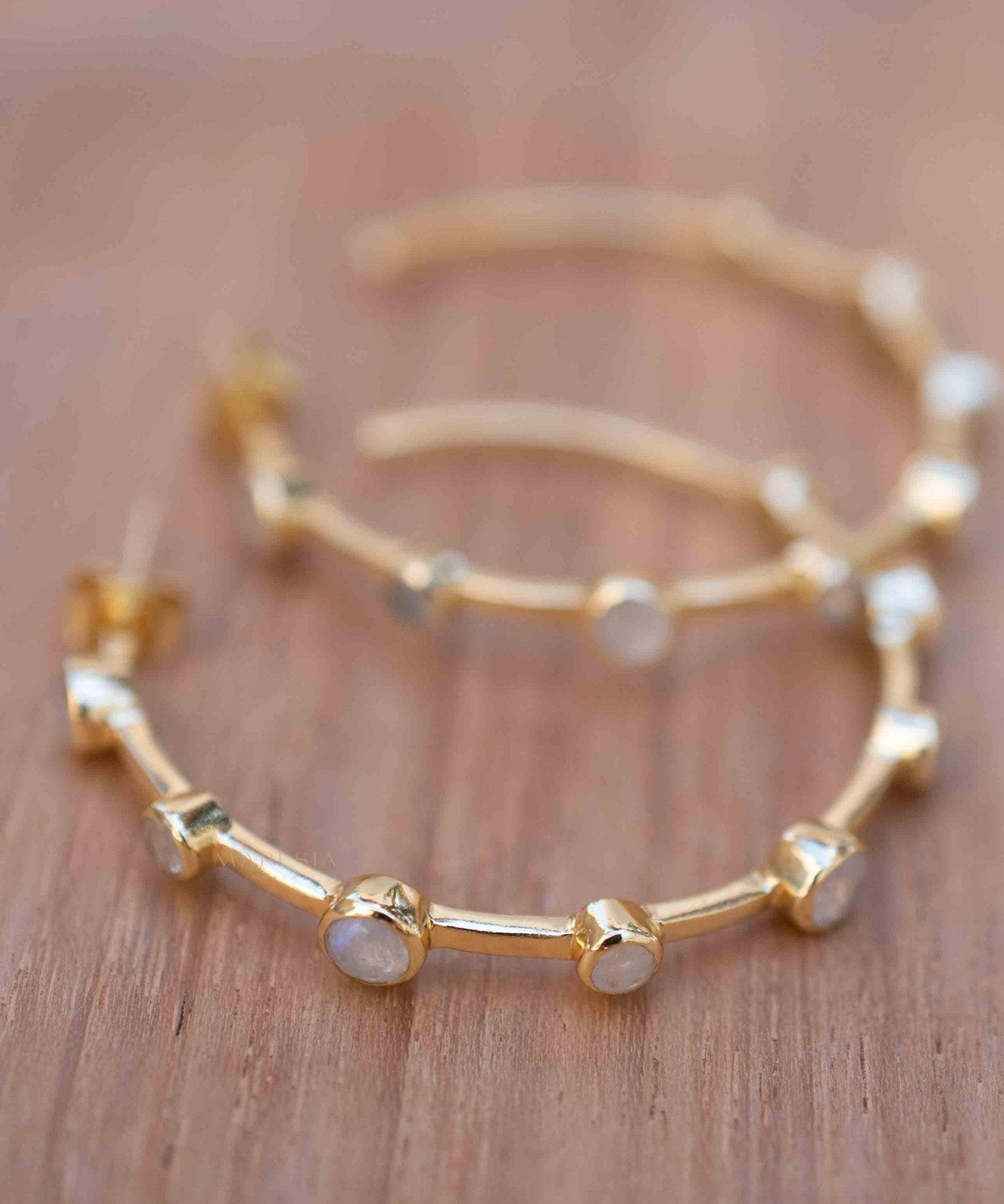 Moonstone Hoop Earrings 18k Gold Plated Earrings ~ Gemstone ~ Post ~Boho design ~ Handmade ~ Jewelry ~ Gift for her ~ ME216