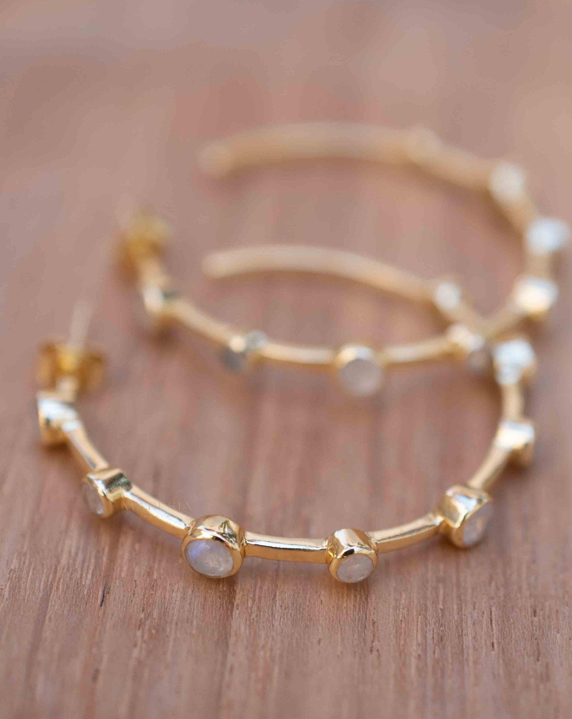 Moonstone Hoop Earrings 18k Gold Plated Earrings ~ Gemstone ~ Post ~Boho design ~ Handmade ~ Jewelry ~ Gift for her ~ ME216