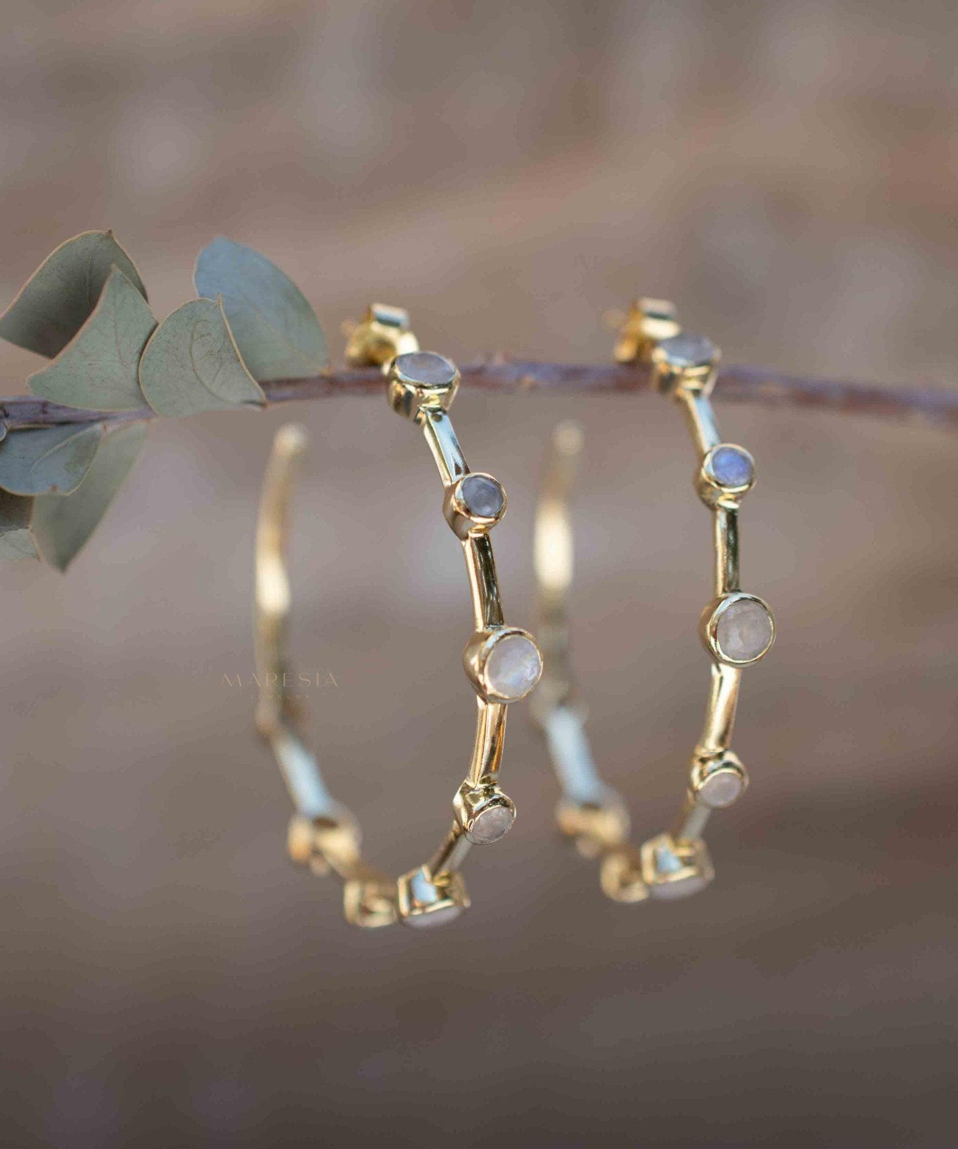 Moonstone Hoop Earrings 18k Gold Plated Earrings ~ Gemstone ~ Post ~Boho design ~ Handmade ~ Jewelry ~ Gift for her ~ ME216