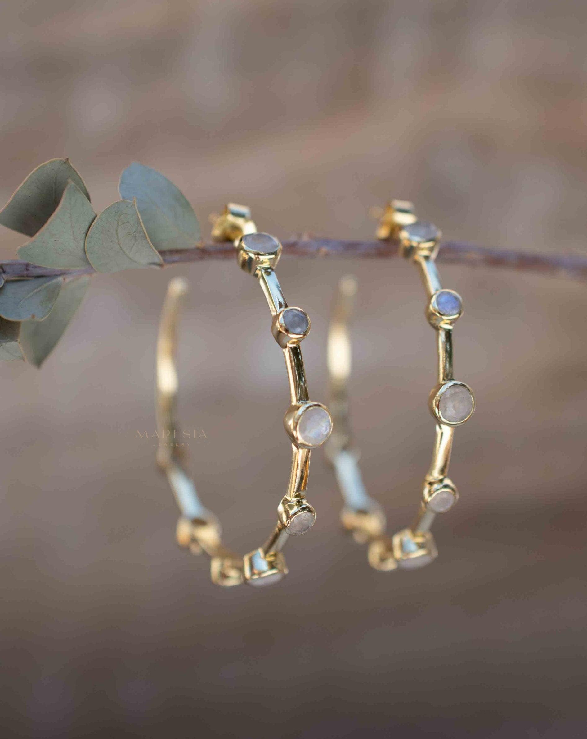 Moonstone Hoop Earrings 18k Gold Plated Earrings ~ Gemstone ~ Post ~Boho design ~ Handmade ~ Jewelry ~ Gift for her ~ ME216