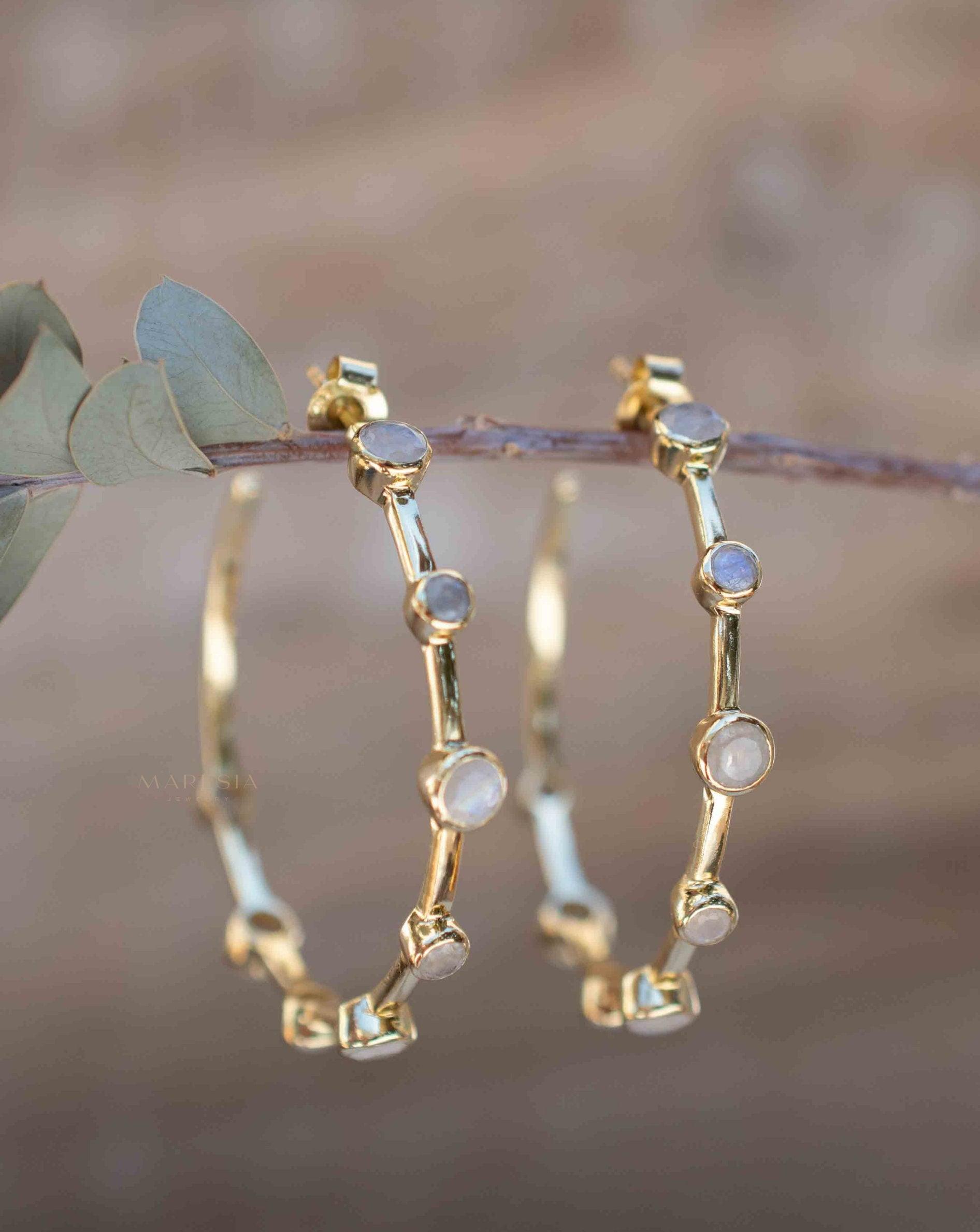 Moonstone Hoop Earrings 18k Gold Plated Earrings ~ Gemstone ~ Post ~Boho design ~ Handmade ~ Jewelry ~ Gift for her ~ ME216