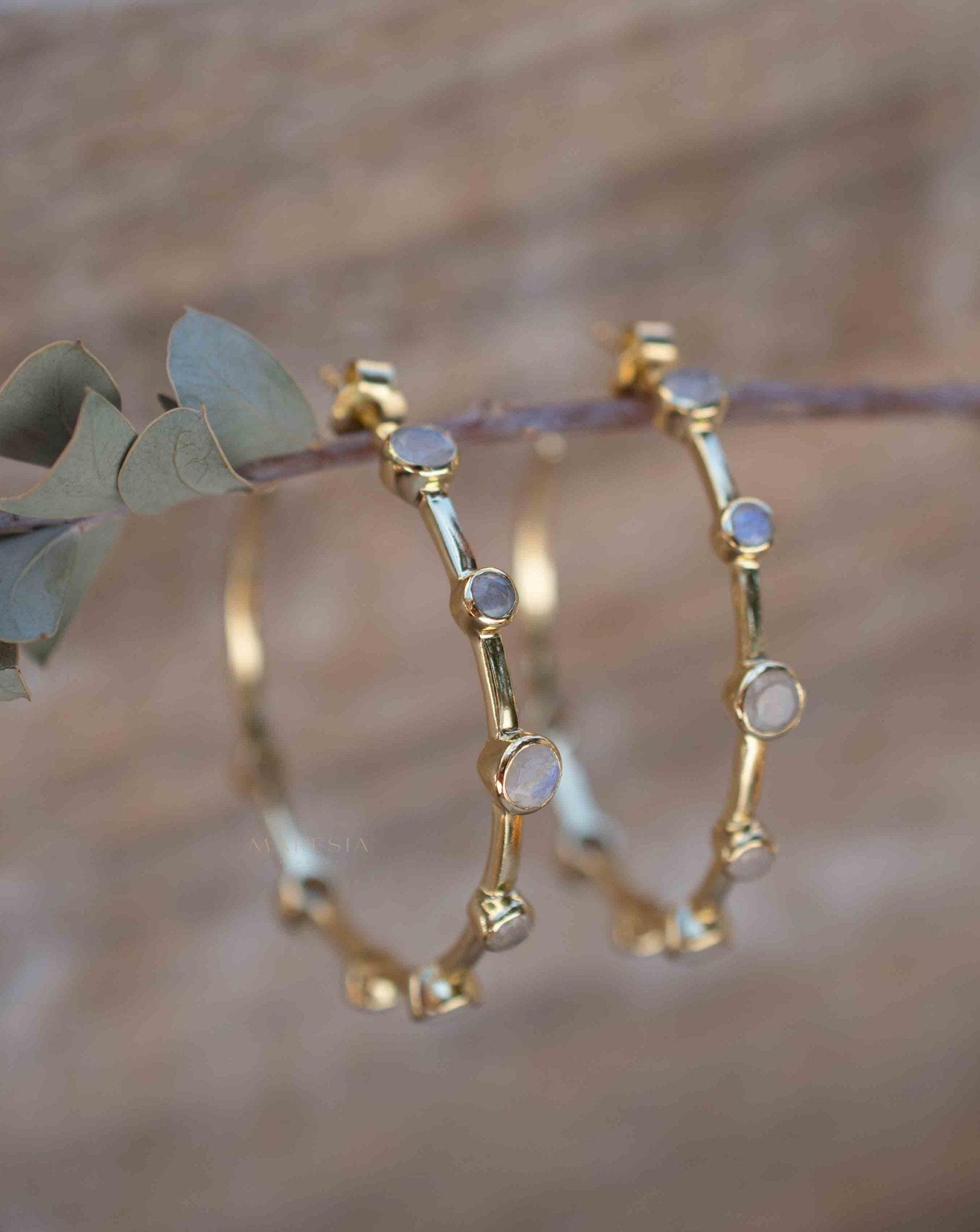 Moonstone Hoop Earrings 18k Gold Plated Earrings ~ Gemstone ~ Post ~Boho design ~ Handmade ~ Jewelry ~ Gift for her ~ ME216