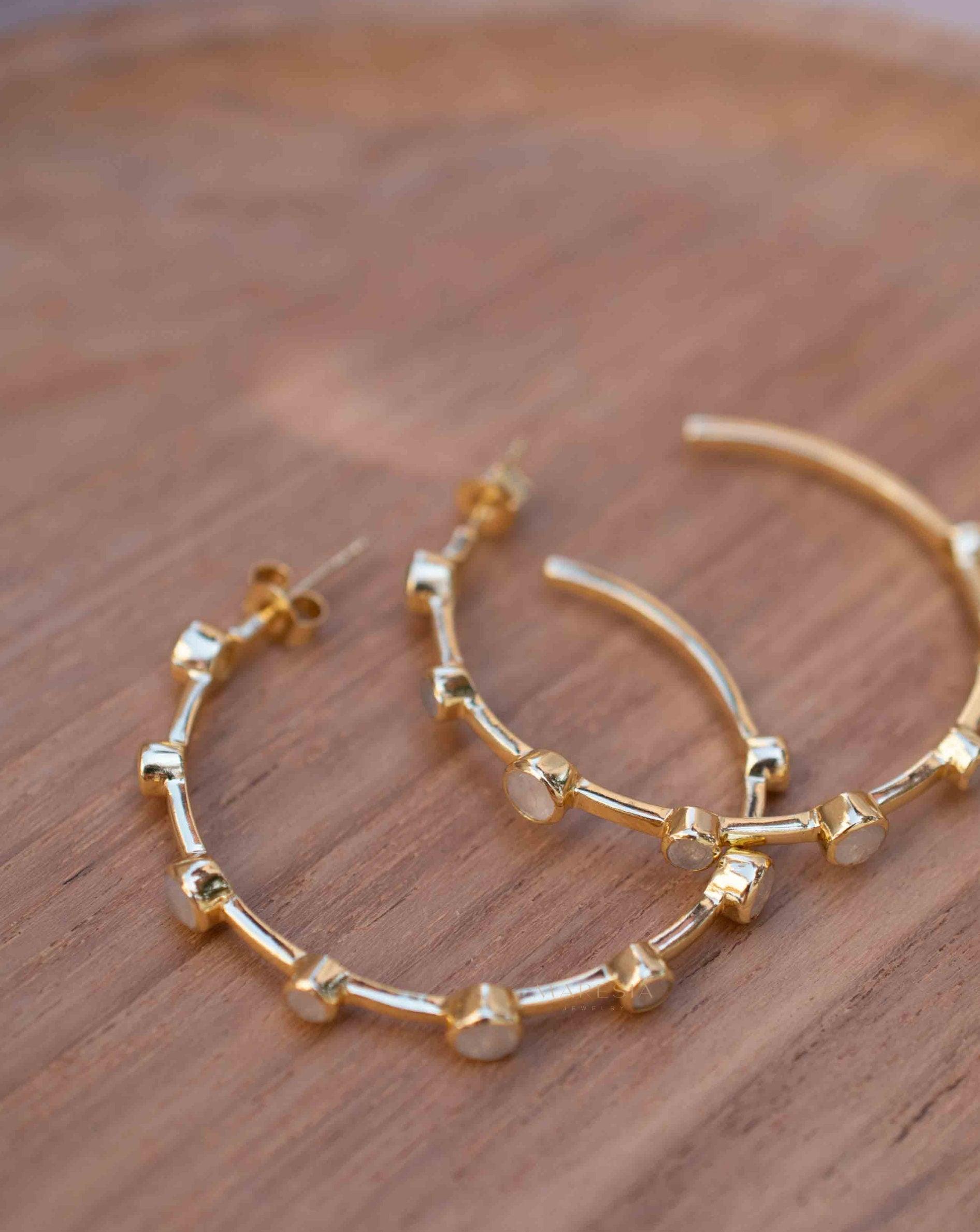 Moonstone Hoop Earrings 18k Gold Plated Earrings ~ Gemstone ~ Post ~Boho design ~ Handmade ~ Jewelry ~ Gift for her ~ ME216
