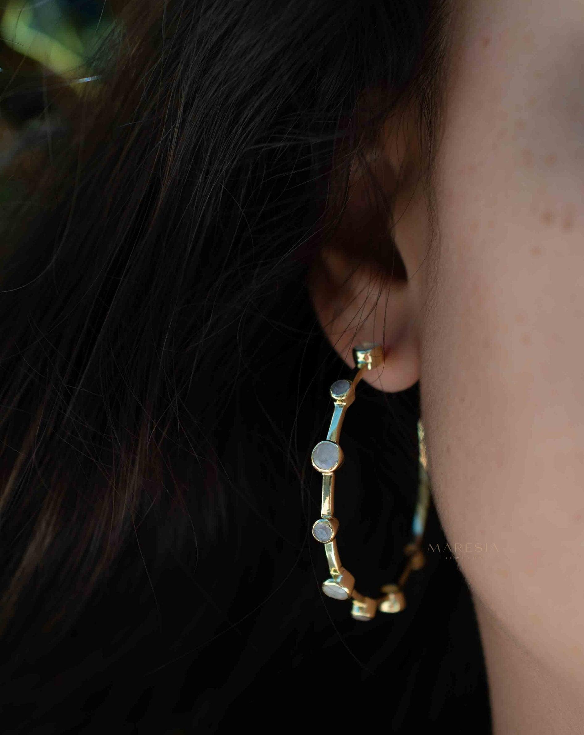 Moonstone Hoop Earrings 18k Gold Plated Earrings ~ Gemstone ~ Post ~Boho design ~ Handmade ~ Jewelry ~ Gift for her ~ ME216