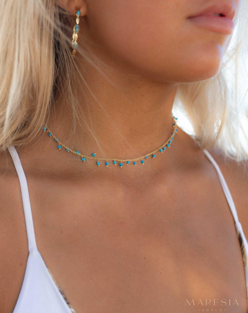 Moonstone, Labradorite, Aqua Chalcedony, Tourmaline or Turquoise Choker Necklace ~ Gold Plated 18k ~Jewelry ~ Minimalist ~Layered ~ MN132