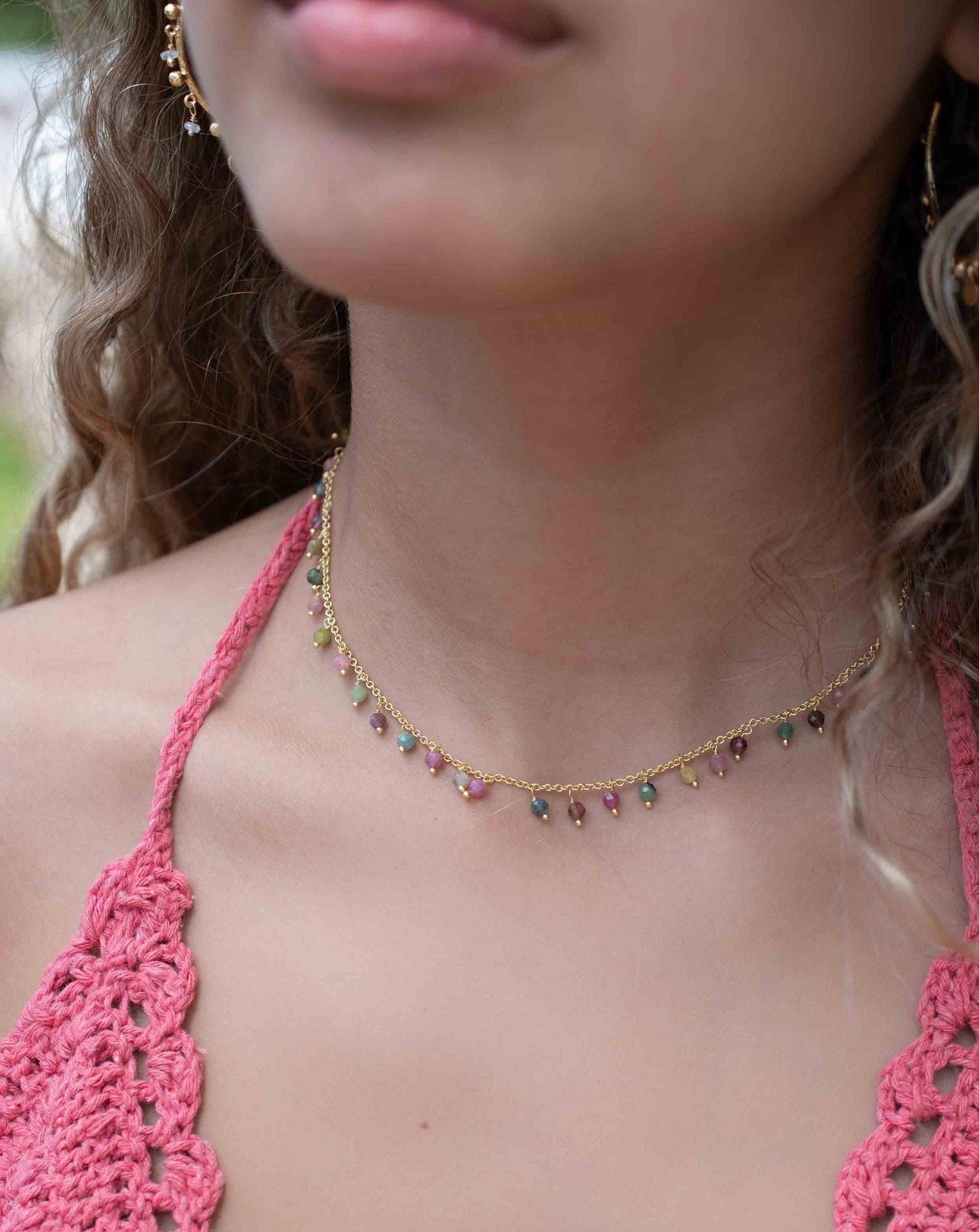 Moonstone, Labradorite, Aqua Chalcedony, Tourmaline or Turquoise Choker Necklace ~ Gold Plated 18k ~Jewelry ~ Minimalist ~Layered ~ MN132
