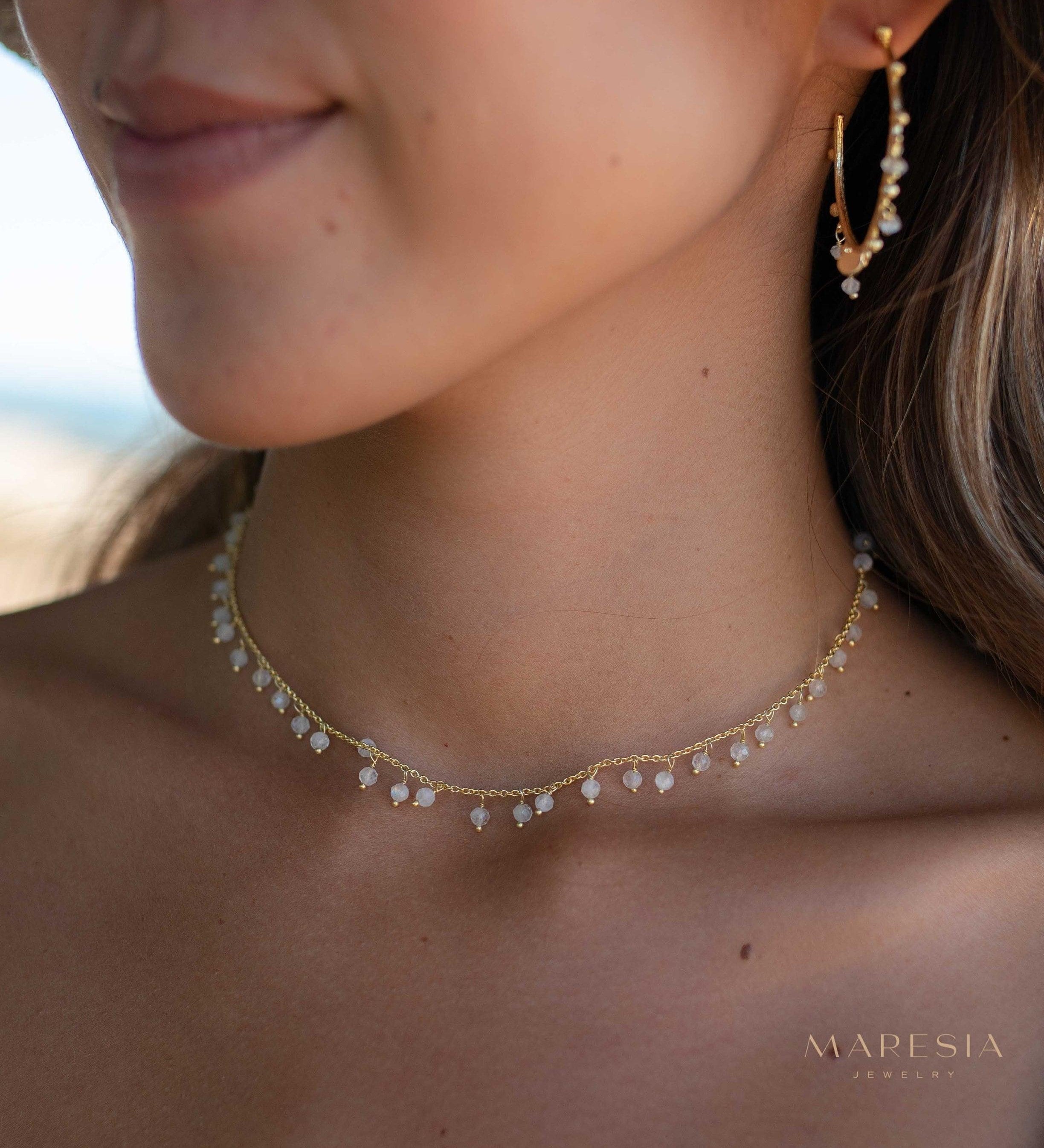 Moonstone, Labradorite, Aqua Chalcedony, Tourmaline or Turquoise Choker Necklace ~ Gold Plated 18k ~Jewelry ~ Minimalist ~Layered ~ MN133