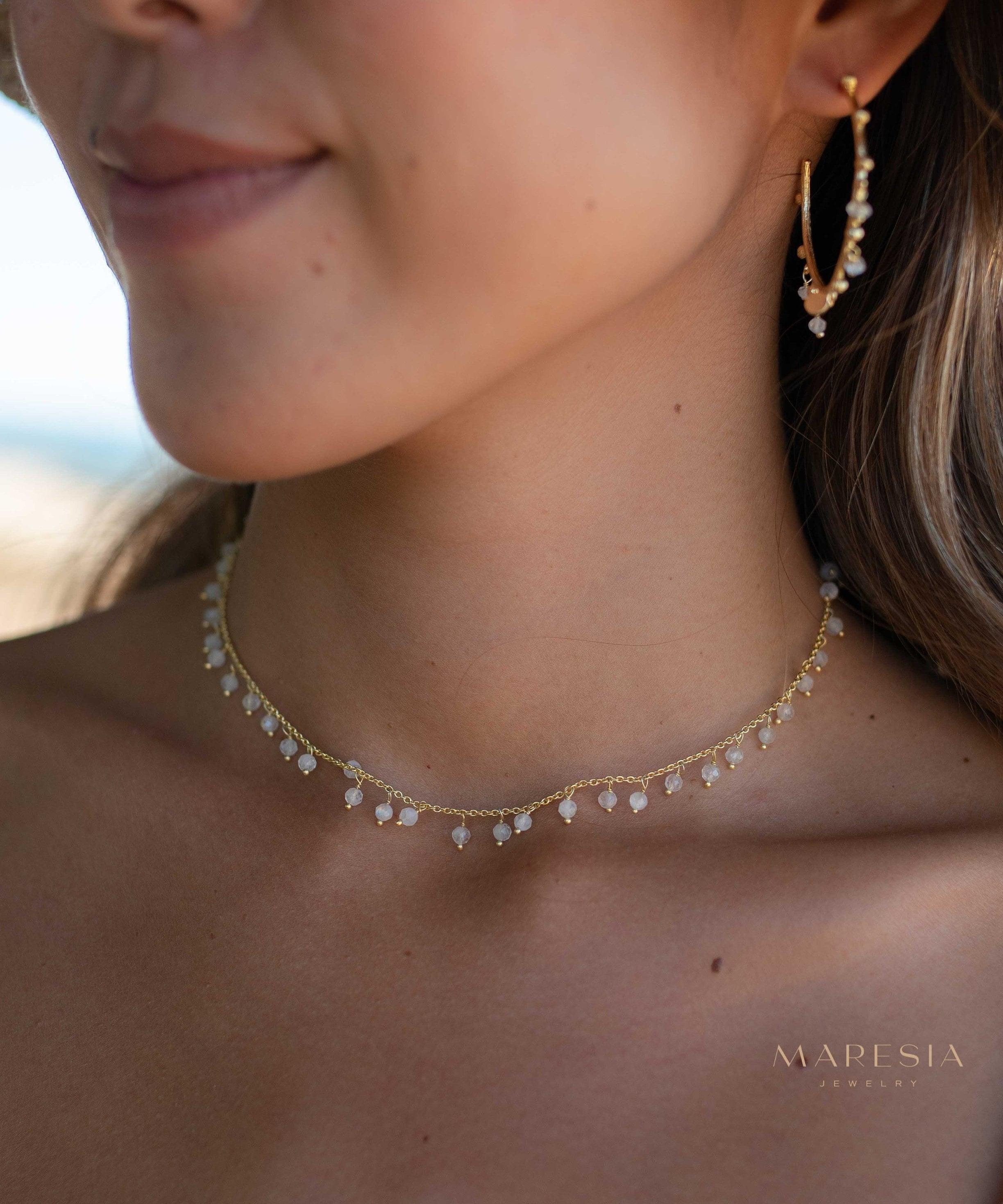 Moonstone, Labradorite, Aqua Chalcedony, Tourmaline or Turquoise Choker Necklace ~ Gold Plated 18k ~Jewelry ~ Minimalist ~Layered ~ MN133