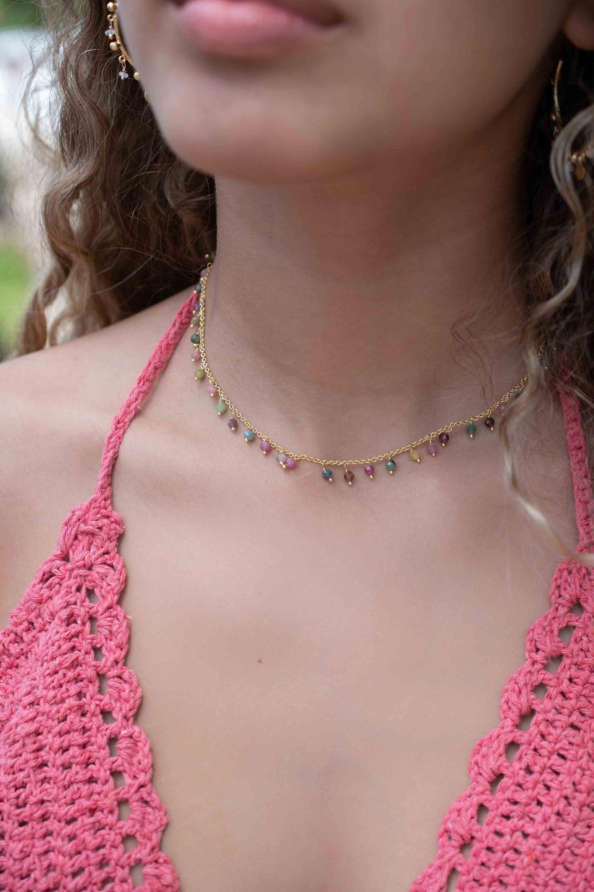 Moonstone, Labradorite, Aqua Chalcedony, Tourmaline or Turquoise Choker Necklace ~ Gold Plated 18k ~Jewelry ~ Minimalist ~Layered ~ MN133