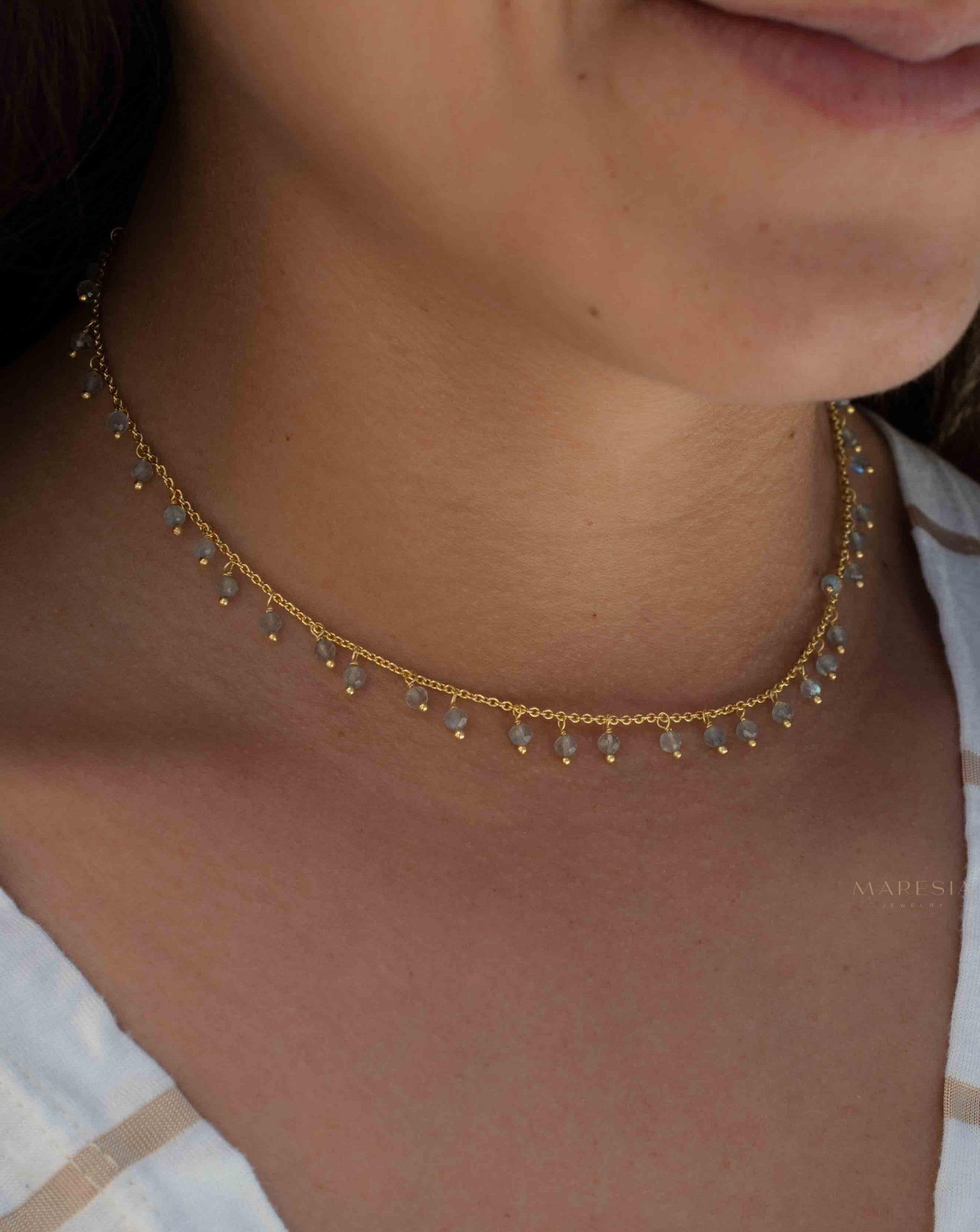 Moonstone, Labradorite, Aqua Chalcedony, Tourmaline or Turquoise Choker Necklace ~ Gold Plated 18k ~Jewelry ~ Minimalist ~Layered ~ MN133
