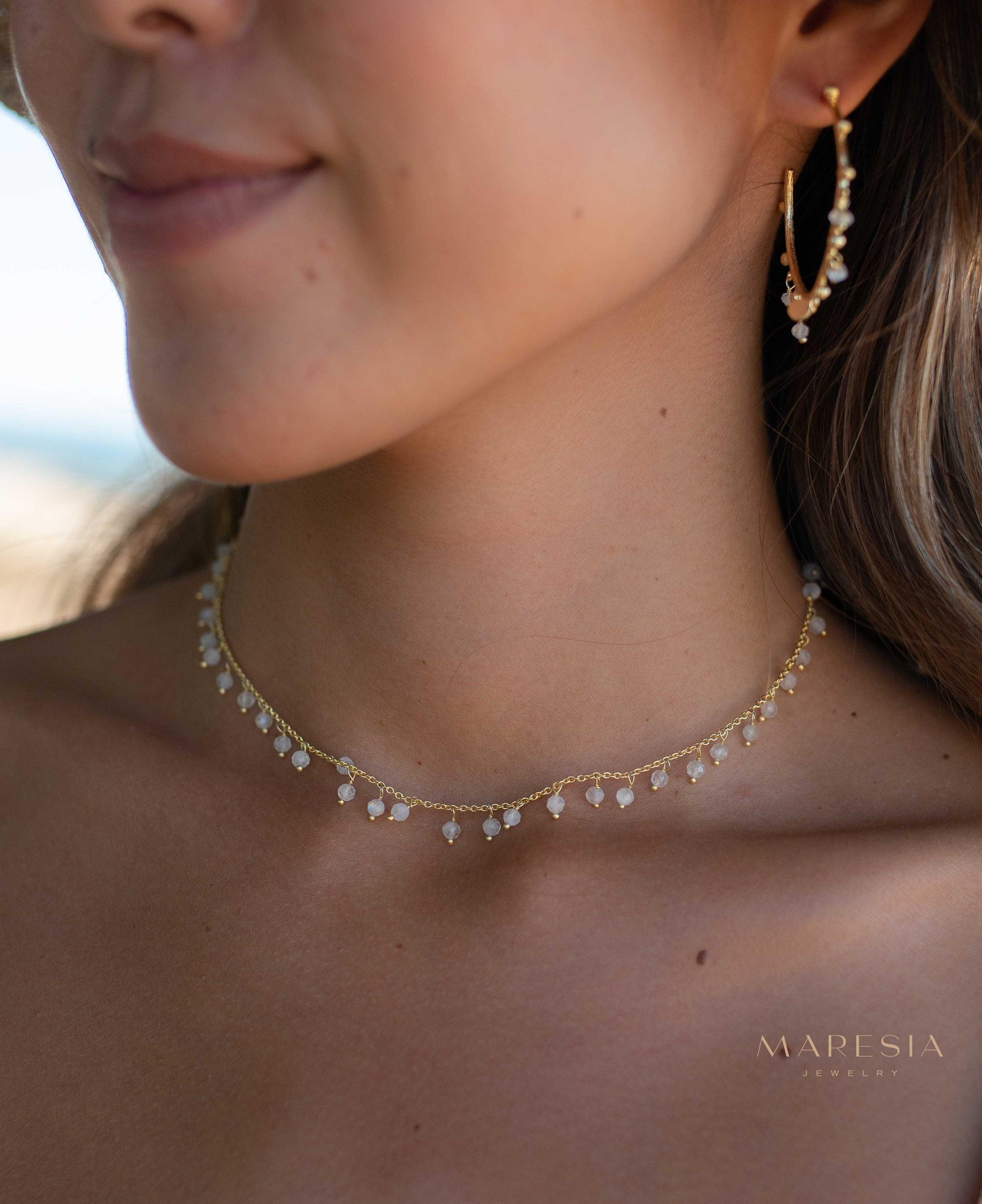 Moonstone, Labradorite, Aqua Chalcedony, Tourmaline or Turquoise Choker Necklace ~ Gold Plated 18k ~Jewelry ~ Minimalist ~Layered ~ MN134
